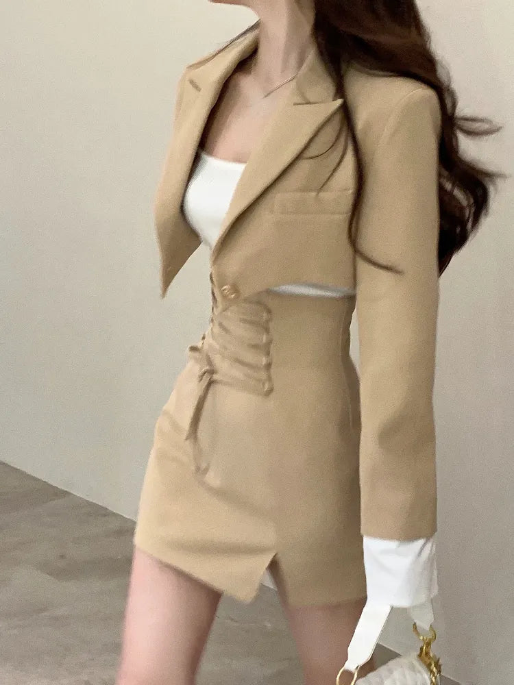 2 Piece Women's Casual Y2K Outfit Set - Crop Top & Elegant Blazer Jacket with Mini Skirt | Korean Fashion Suits for Autumn | Office Wear, Date Night, Fall Outfits
