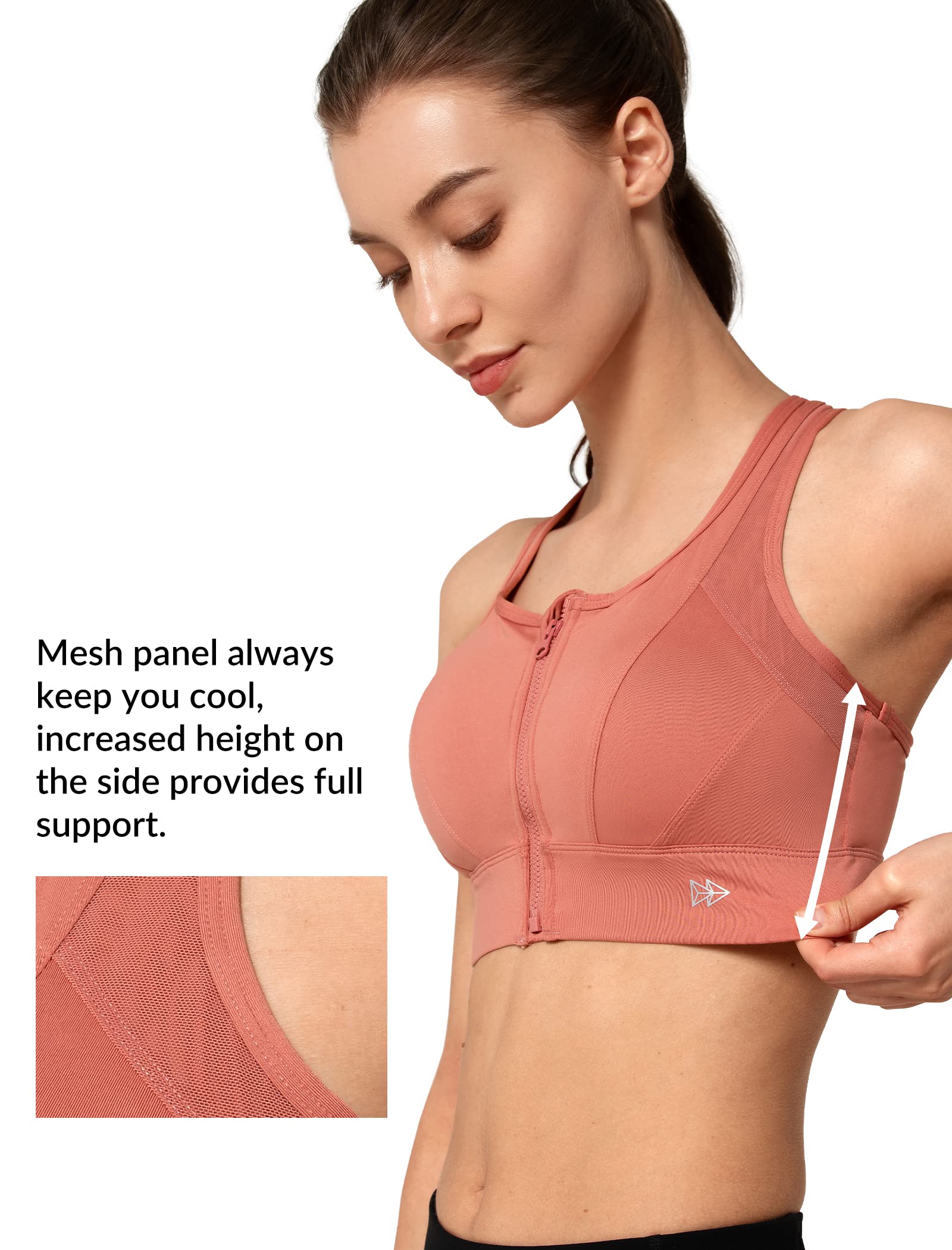 Yvette High Impact Zip Front Sports Bra - Mesh Racerback Workout Bra for Women with Large Breasts - High Support for Running, Gym & High-Intensity Training