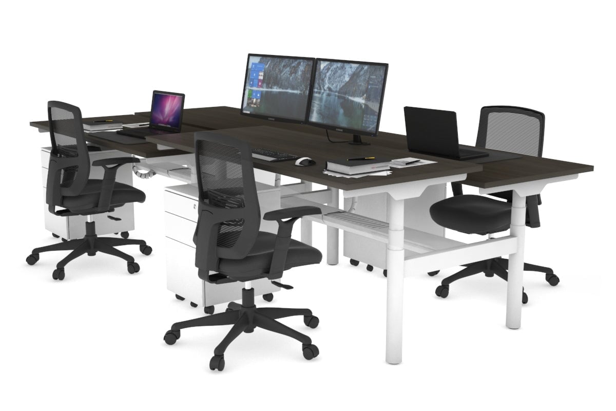 Flexi Premium Height Adjustable 4-Person H Bench Workstation - White Frame [1400L x 700W] - Ergonomic Office Desk for Collaborative Workspaces & Coworking Environments