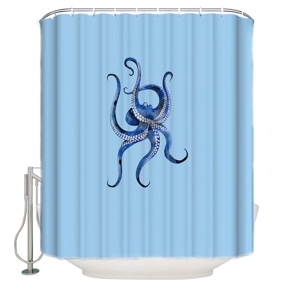 Blue Kraken Octopus Waterproof Shower Curtain - Ocean Themed Bathroom Decor for Coastal Style Homes