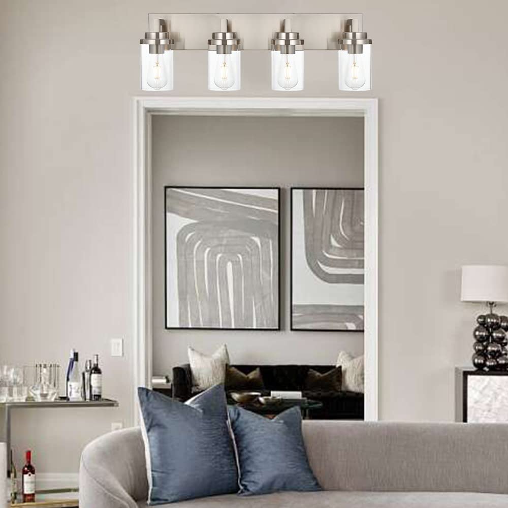 MELUCEE 4-Light Brushed Nickel Vanity Light - Modern Bathroom Mirror Lighting Fixture with Clear Glass Shade - Industrial Wall Sconce for Bathroom, Kitchen & Dresser Mirror (Perfect for Makeup Vanity, Powder Room & Cabinet Lighting)