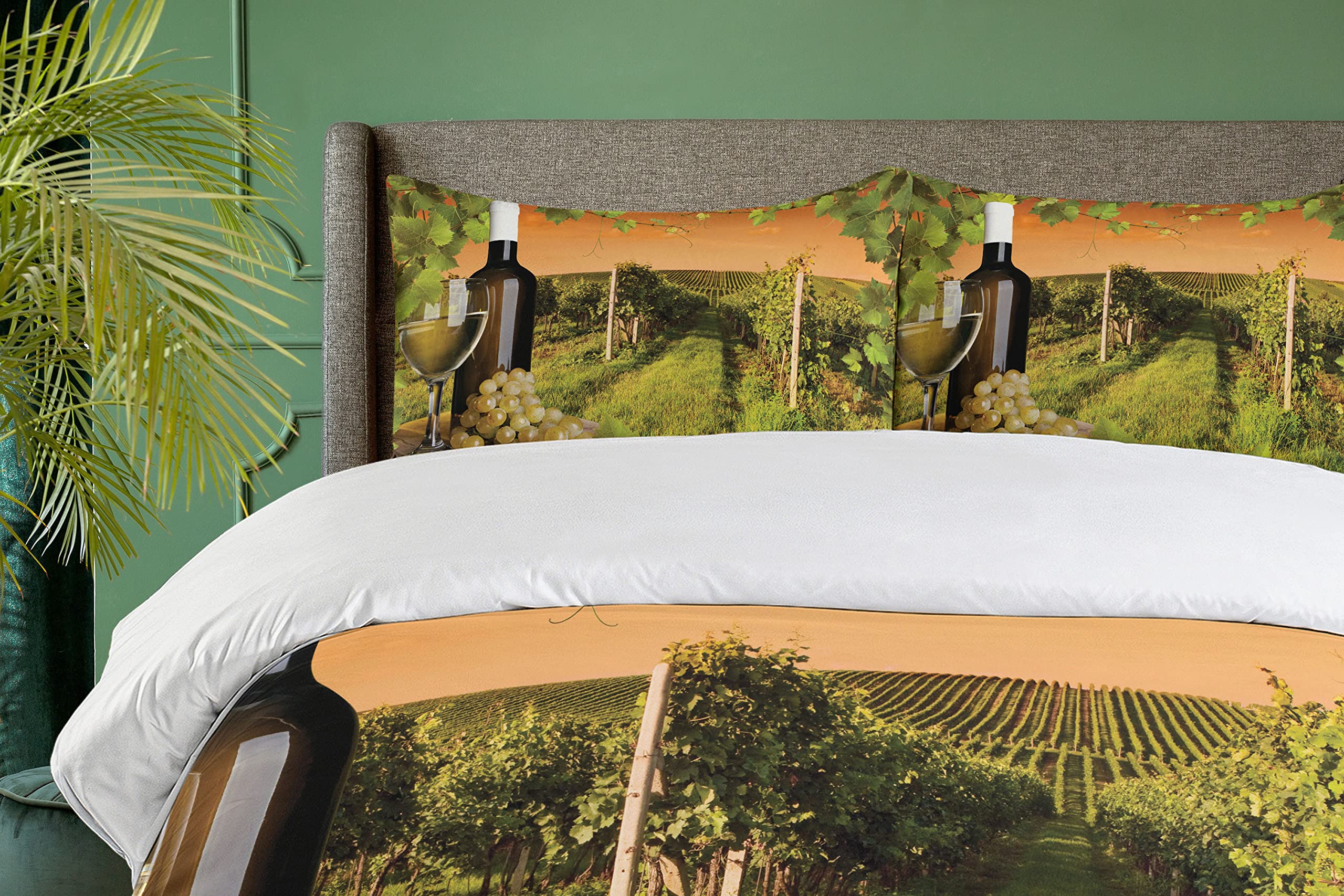 Ambesonne Winery Duvet Cover Set - Wine Bottle & Glass with Sunset Vineyard Countryside Design, Romantic 3-Piece Bedding Set with 2 Pillow Shams, California King Size in Green & Orange - Perfect for Wine Lovers' Bedrooms & Vineyard-Themed Home Decor