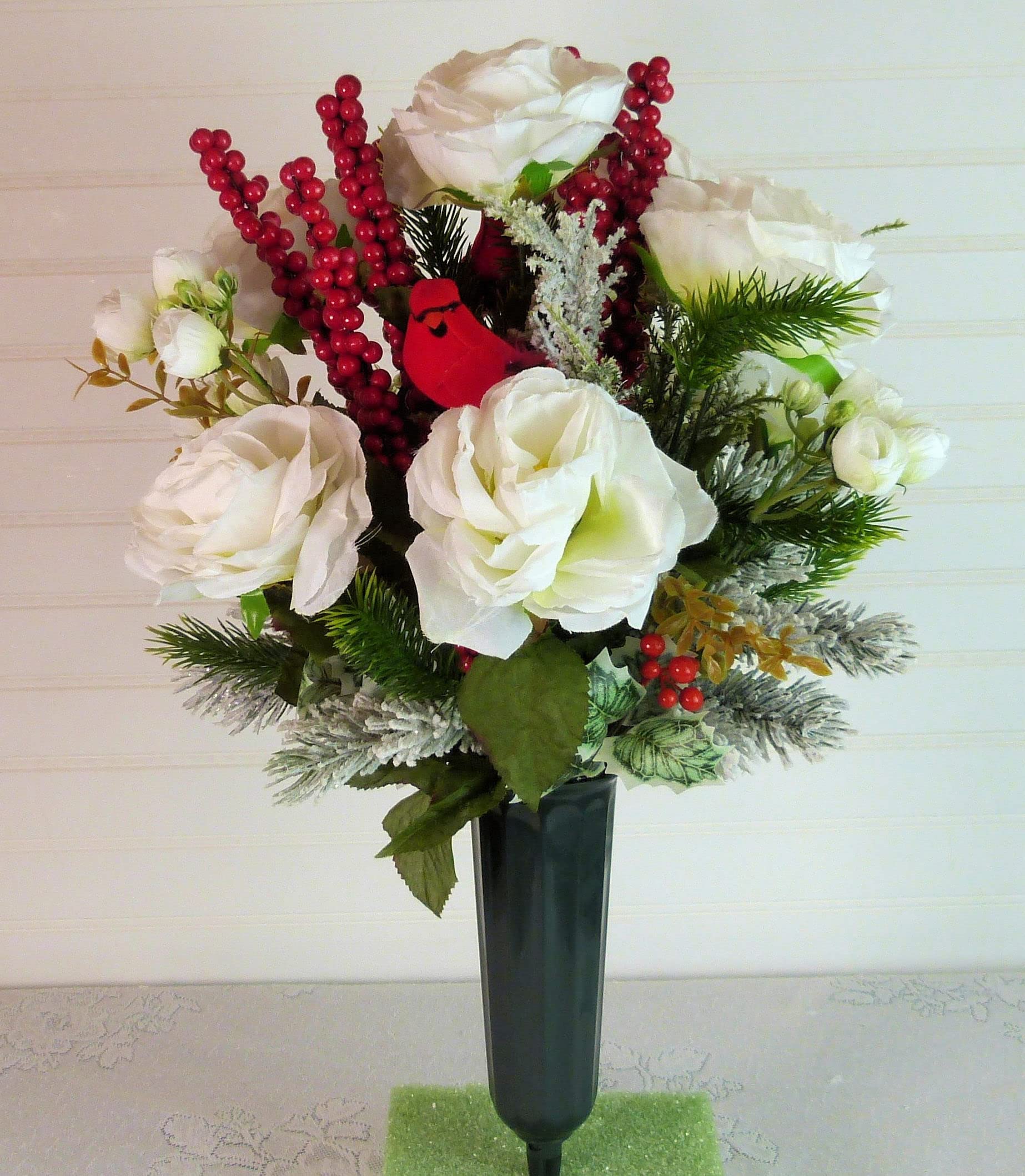 Winter Cemetery Vase with Cardinals - Durable Outdoor Flower Arrangement for Graves - Memorial Flowers with Roses for Headstones - Perfect for Winter Grave Decorations and Remembrance Ceremonies