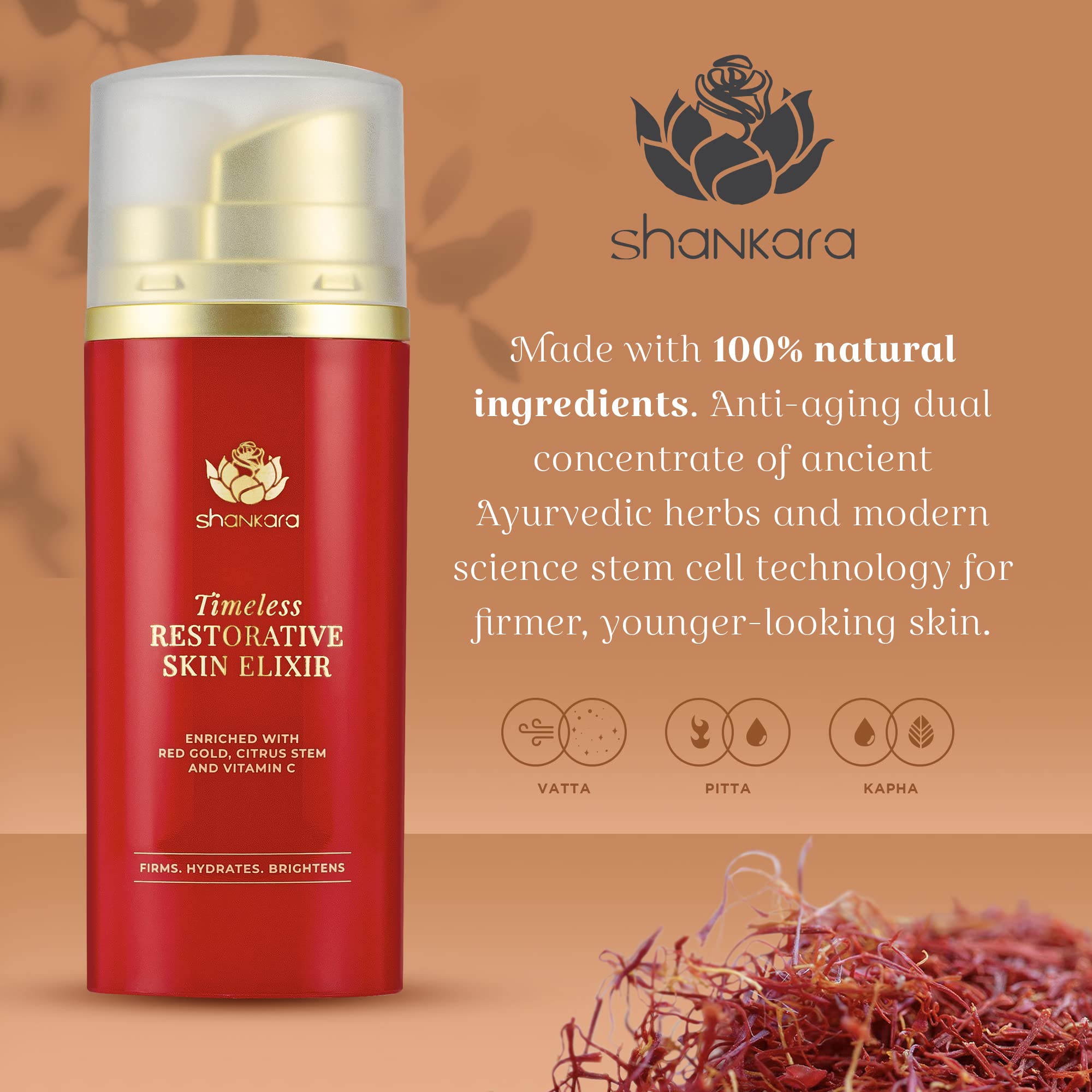 Shankara Timeless Restorative Skin Elixir - 2-in-1 Ayurvedic Anti-Aging Facial Serum & Kumkumadi Face Oil with Pure Red Gold Saffron, Vitamin C & Sandalwood | Natural Glow Booster for Dry, Dull Skin | Perfect for Nighttime Skincare Routine & Daily Hydration