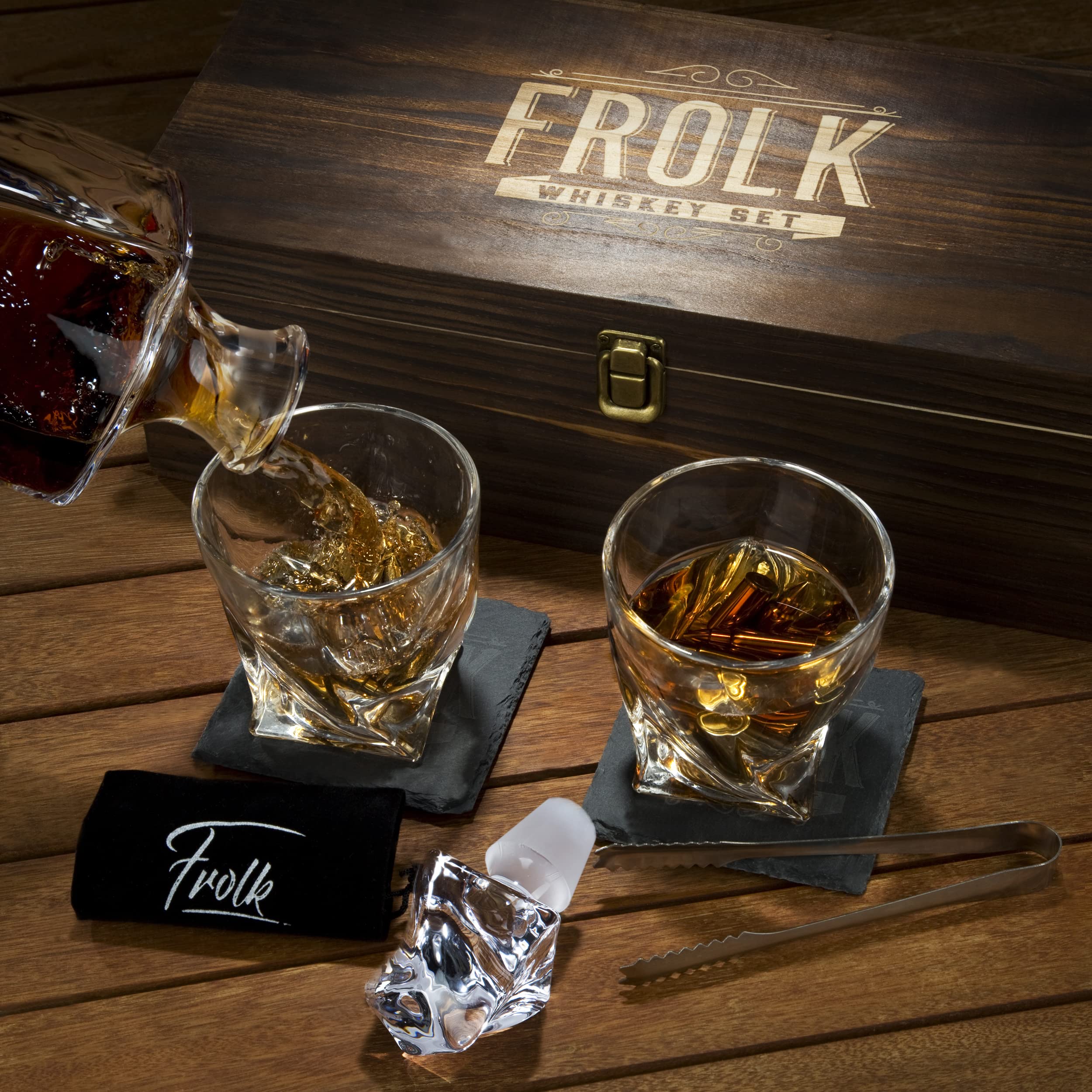 Premium Whiskey Decanter Set with 2 Glasses & 10 Stainless Steel Ice Stones - Elegant Wooden Gift Box for Men, Includes 2 Slate Coasters, Tongs & Freezer Pouch - Perfect for Home Bars, Whiskey Tasting & Gifts for Whiskey Lovers