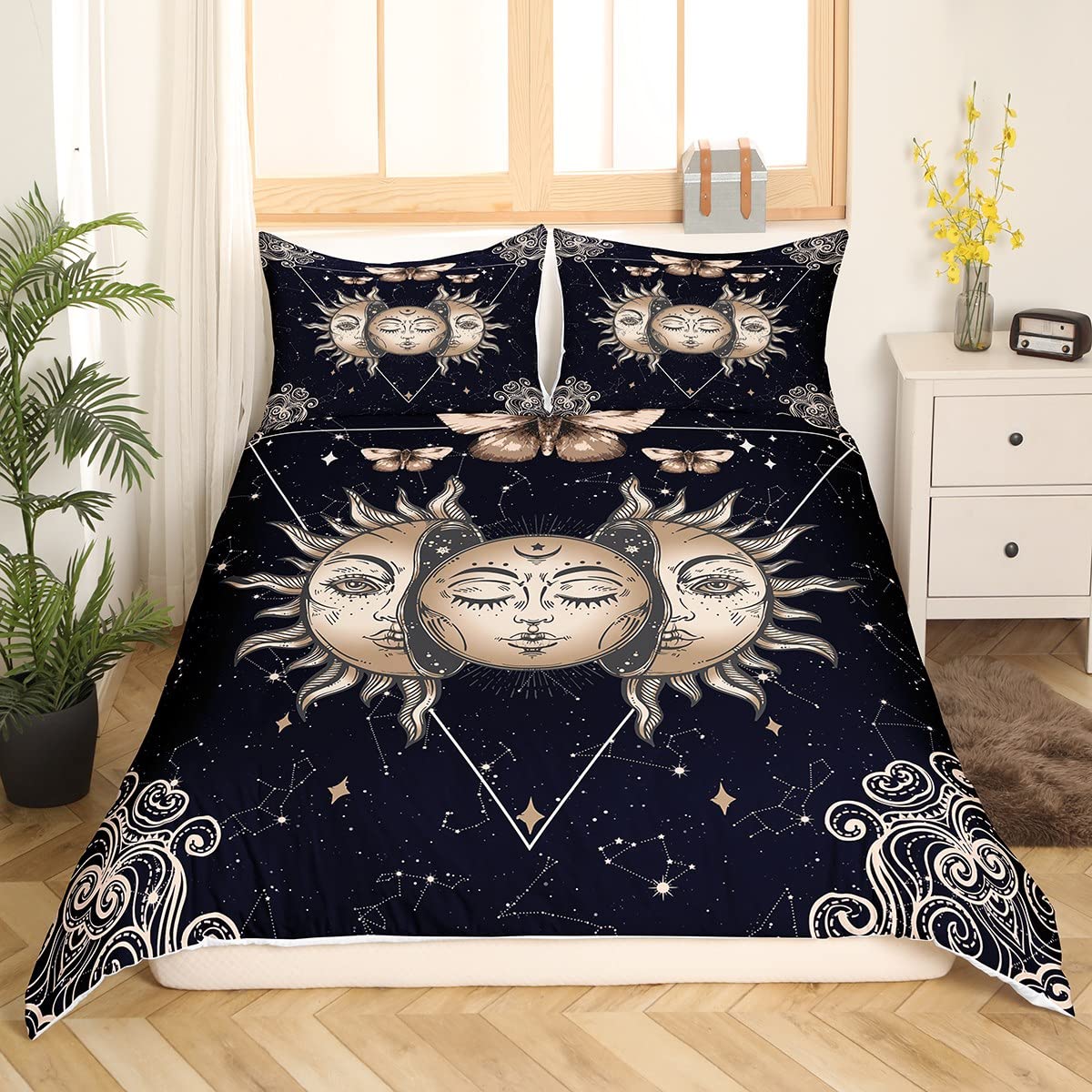 Bohemian Sun and Moon Mandala Print Twin Comforter Set - Golden Death Moth Duvet Cover with Starry Sky Design for Teens & Kids Bedroom Decor | Perfect for Boho Chic, Dorm Room, and Meditation Space