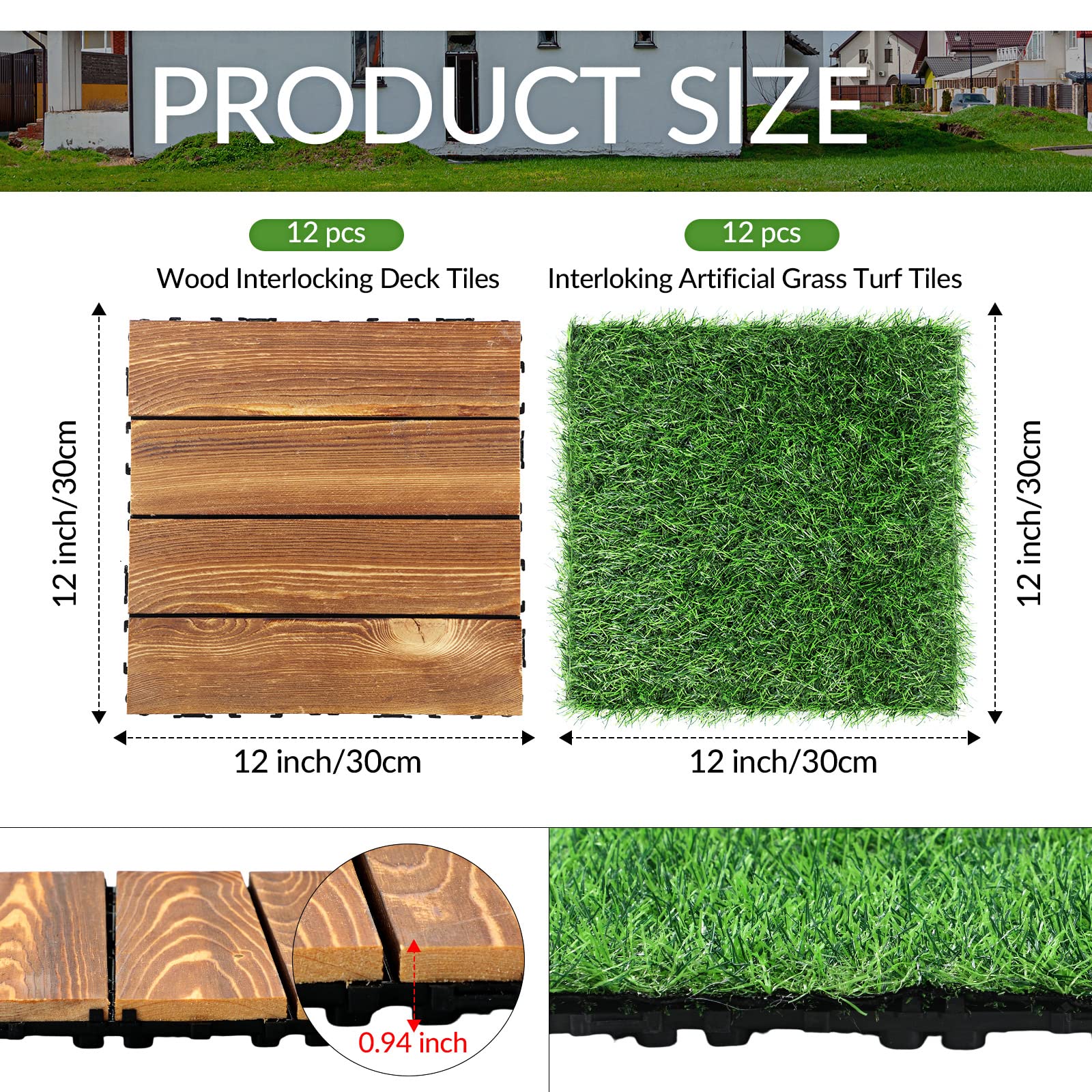 24-Piece Interlocking Hardwood Deck Tiles with Artificial Grass - 12x12 Inch Waterproof Outdoor Flooring for Patio, Balcony & Garden - Self-Draining Wood & Turf Tiles for DIY Landscaping Projects