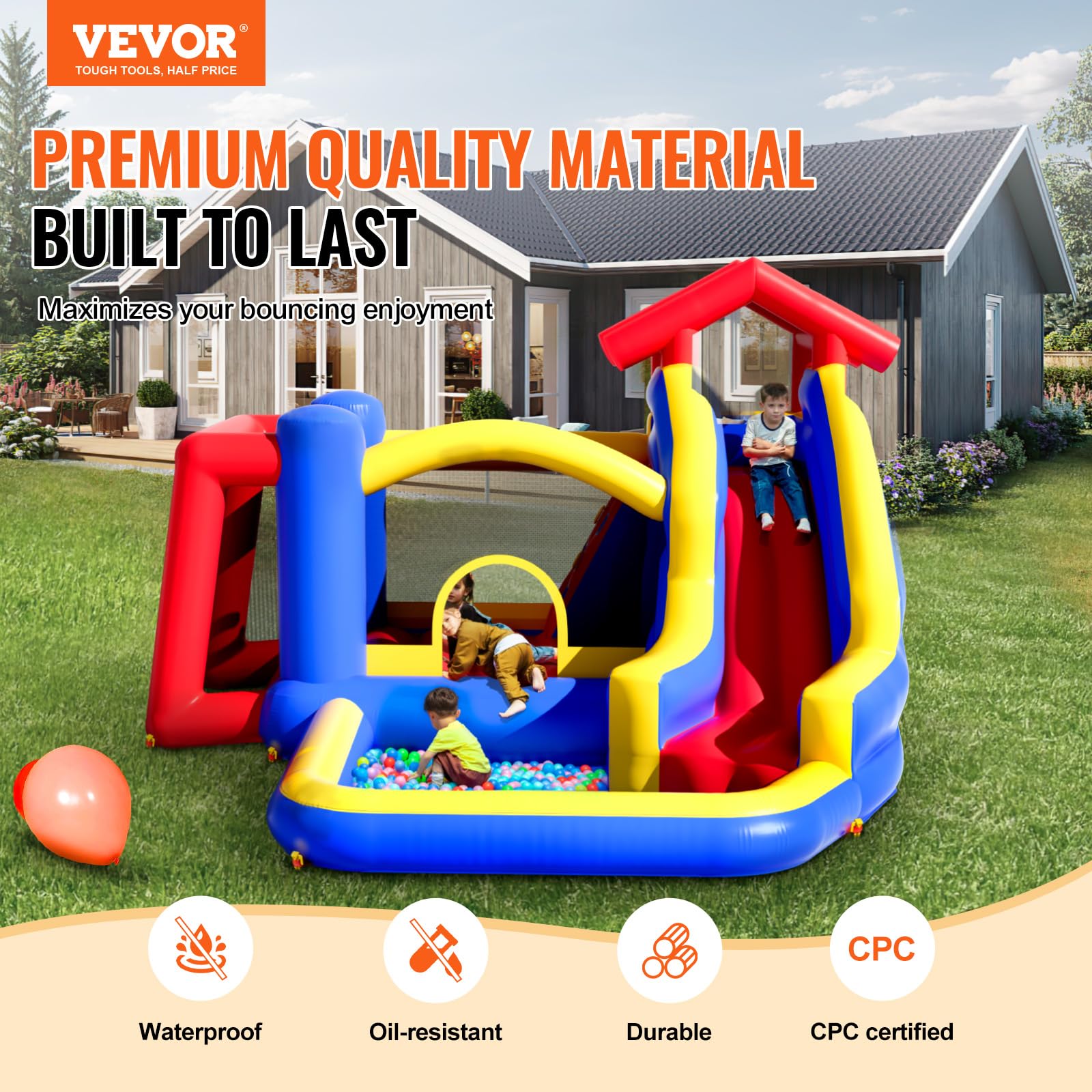 VEVOR Kids Bounce House with Slide - 131x133x91 Inch Inflatable Jumping Castle for Indoor/Outdoor Play - Includes Blower & Storage Bag - Perfect for Birthday Parties, Backyard Fun (Ages 3-8)