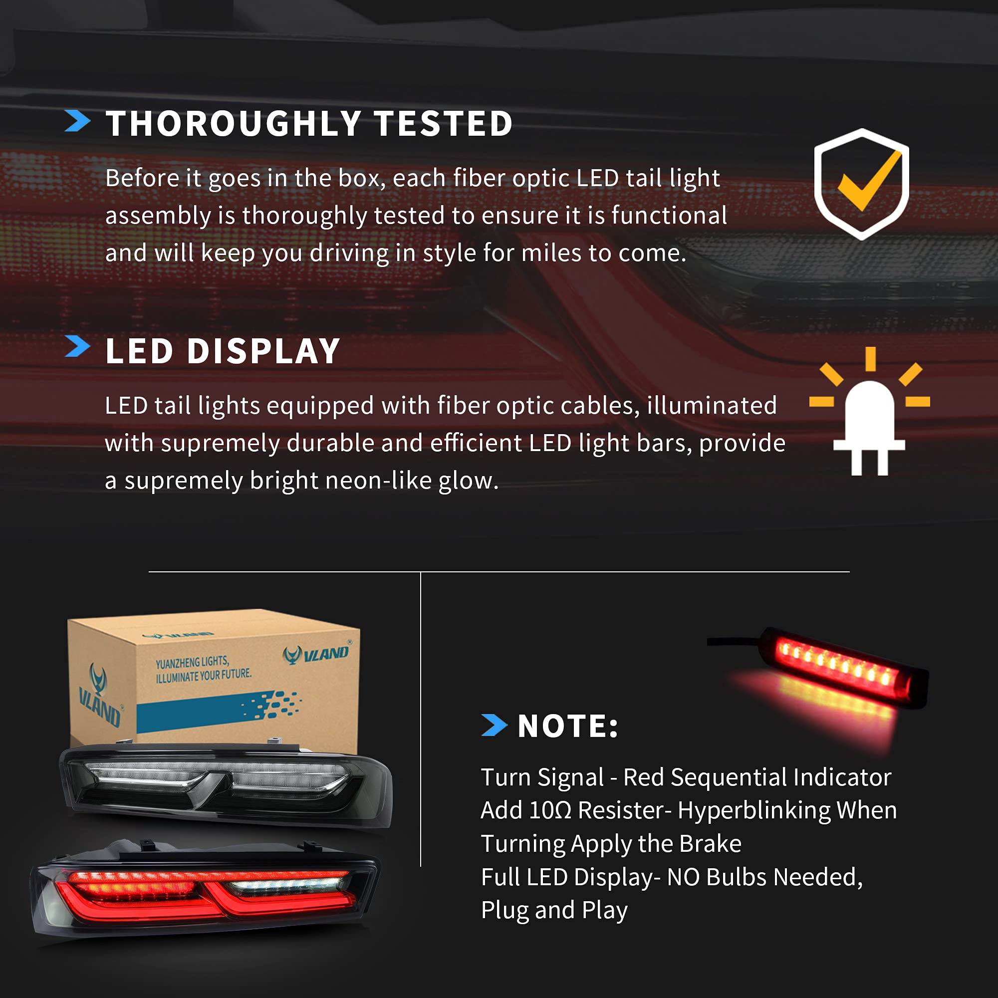 VLAND LED Tail Lights for Chevrolet Camaro 2016-2018 - Red Sequential Turn Signal, Smoke Clear Lens (US Plug) - Left & Right Rear Light Assembly - Perfect for Night Driving & Car Customization