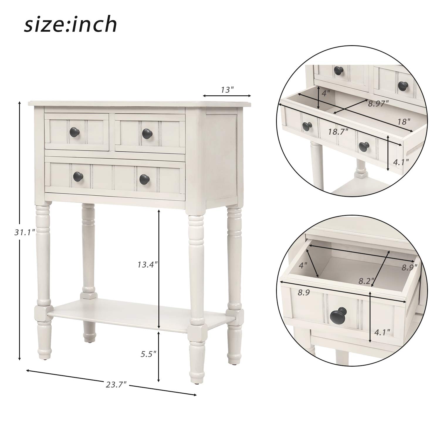 P PURLOVE Wooden Sofa Table with 3 Drawers & Bottom Shelf - Entryway Console Table with Storage, Easy Assembly for Living Room, Hallway, Foyer - Ivory White - Perfect for Small Spaces & Home Organization