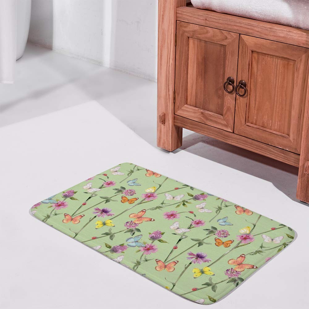 Non-Slip Memory Foam Bath Mat - Soft Rubber Back, Fast Drying, Machine Washable - 36 x 24 Inch Ladybug Meadow Flowers Design - Perfect for Hotel & Home Bathroom Decor