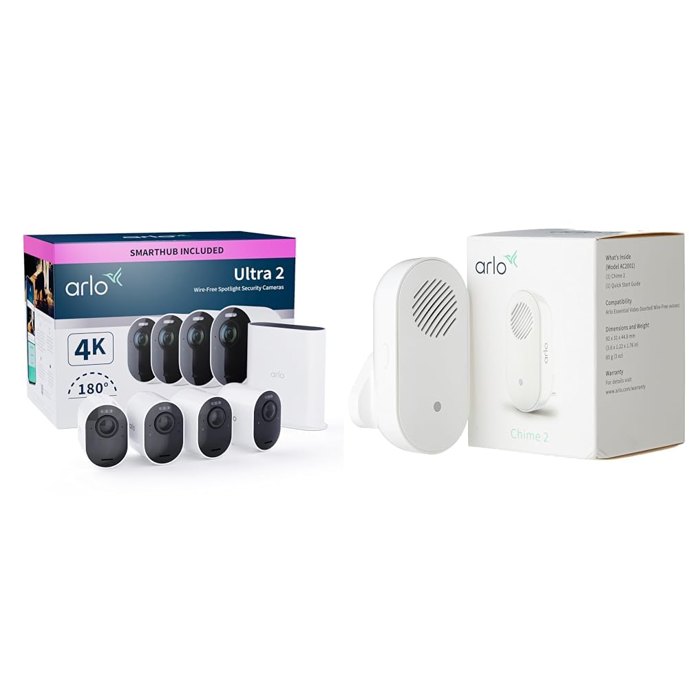 Arlo Ultra 2 Outdoor Security Camera - 4K Wireless Home CCTV System with 6-Month Battery Life | Includes Chime 2, Smart Alerts & Built-in Siren | Weatherproof for Garage, Yard & Front Door Protection