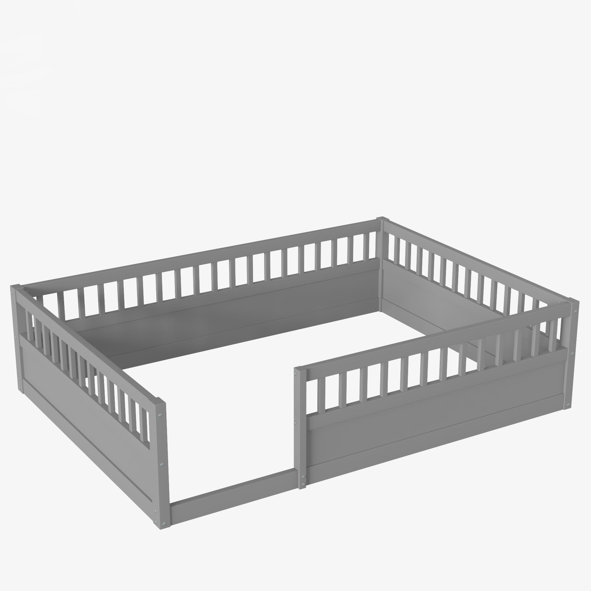 Montessori Floor Bed for Kids - Full Size Wooden Playhouse Bed with High Safety Railings for Baby Boys, Girls & Teens - Gray (No Slats Included) - Perfect for Montessori Bedrooms, Playrooms & Safe Toddler Sleep Spaces
