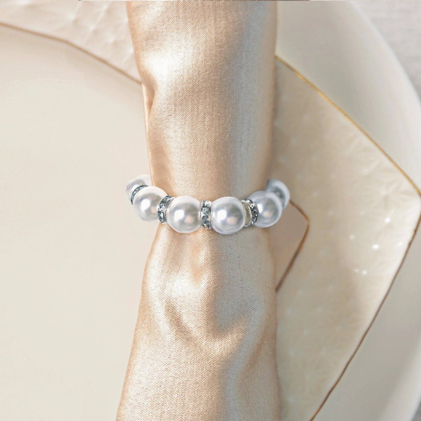4 Pack Faux Pearl & Rhinestone Napkin Rings - Elegant White & Silver Wedding Table Decor for Bridal Shower, Dinner Party, and Holiday Celebrations