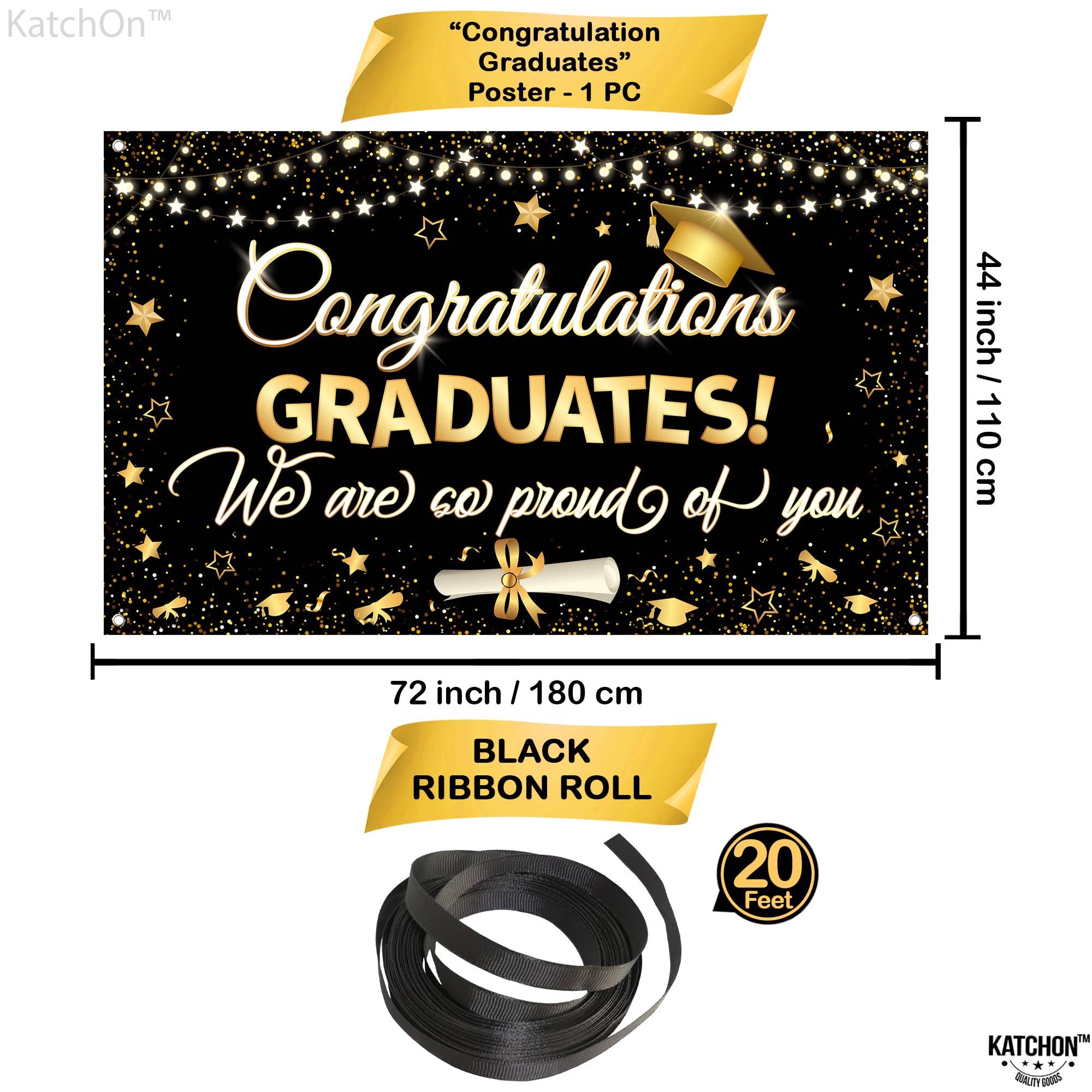 KatchOn 2025 Graduation Banner - 72x44 Inch Large Black & Gold Backdrop for Graduation Party Decor | Class of 2025 Congratulations Sign | Perfect for Graduation Ceremony, Photo Booth & Home Decor