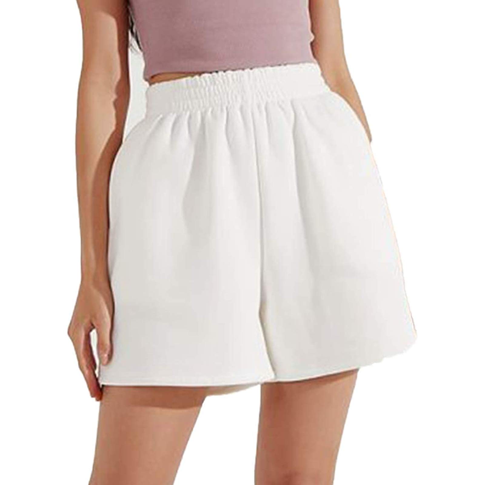 Kishawna Women's High Waist Sweat Shorts with Pockets - Elastic Waistband Comfortable Athletic Running Shorts for Summer Workout, Yoga & Casual Wear