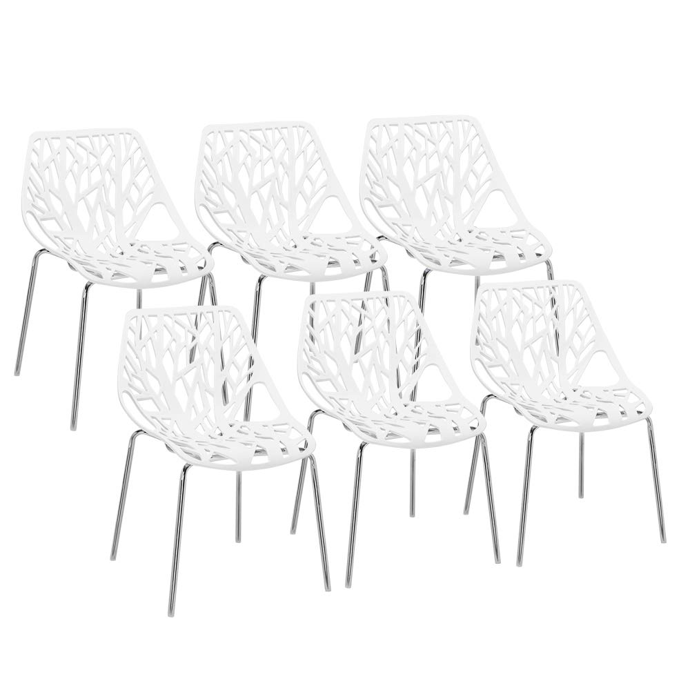 Bonnlo Modern Dining Chairs Set - 6 Pack White Stackable Plastic Saping Birch Chairs for Kitchen, Living Room, Office & Restaurant - Space-Saving Furniture for Small Spaces & Entertaining