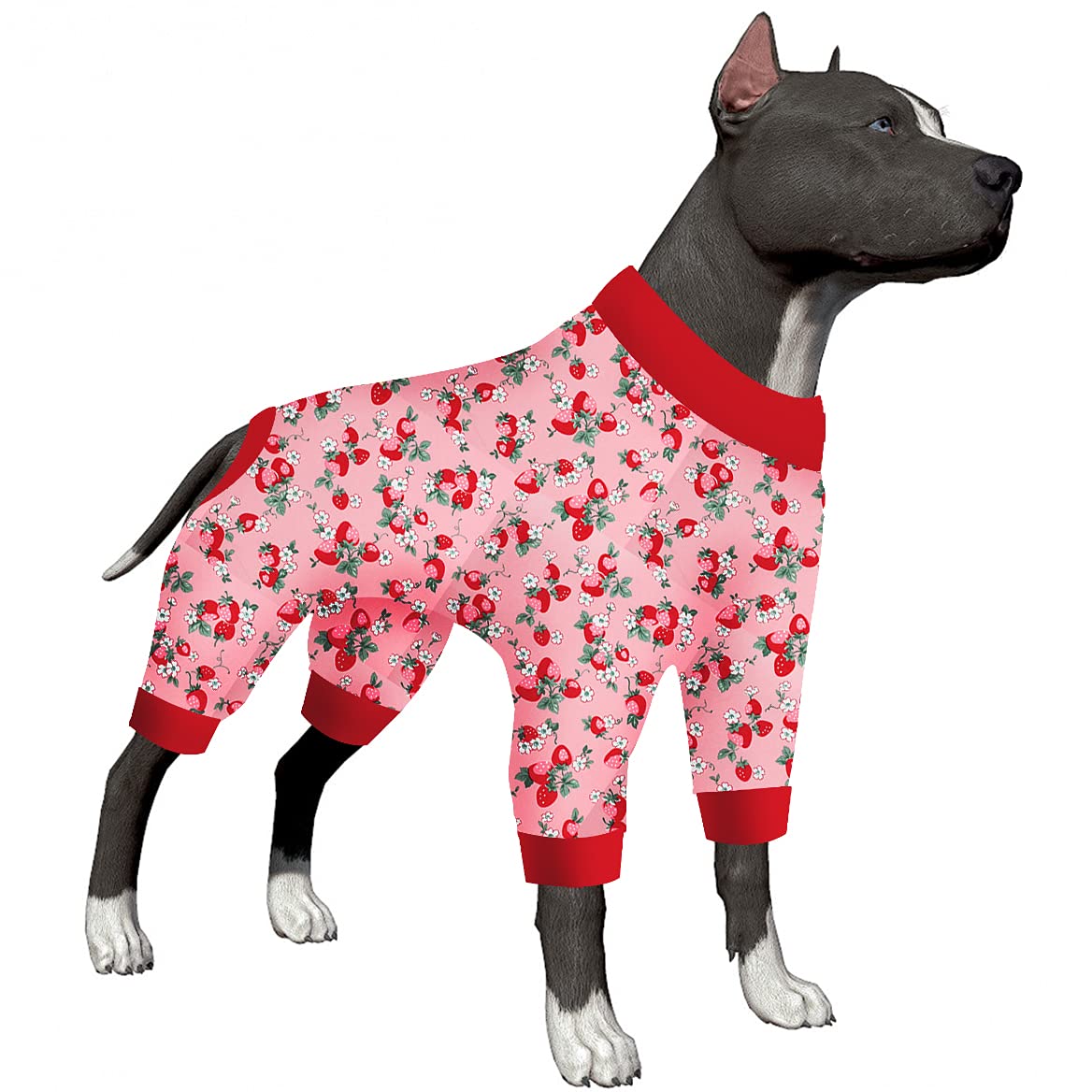 LovinPet Extra Large Dog Pajamas - Lightweight Cotton UV Protection Shirt for Pitbull & Large Breeds | Anxiety Relief & Post-Surgery Recovery | Strawberry Pink Print | Perfect for Nighttime Comfort & Vet Visits