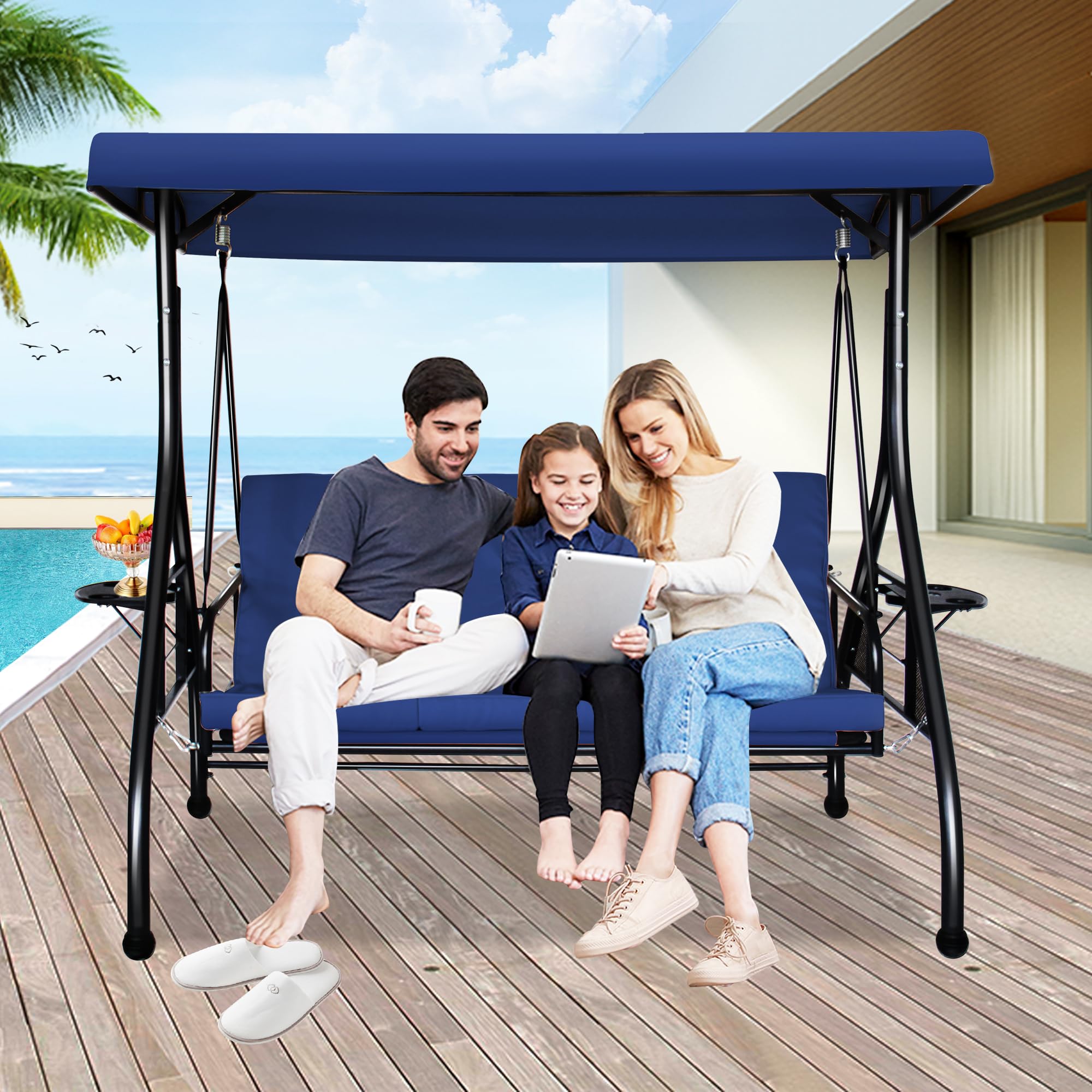 COVERONICS 3-Seat Outdoor Porch Swing with Convertible Canopy - Adjustable Shade & Removable Cushions - Navy Blue Patio Lounge Chair for Deck, Backyard, Poolside - Perfect for Relaxing, Sunbathing & Outdoor Entertaining