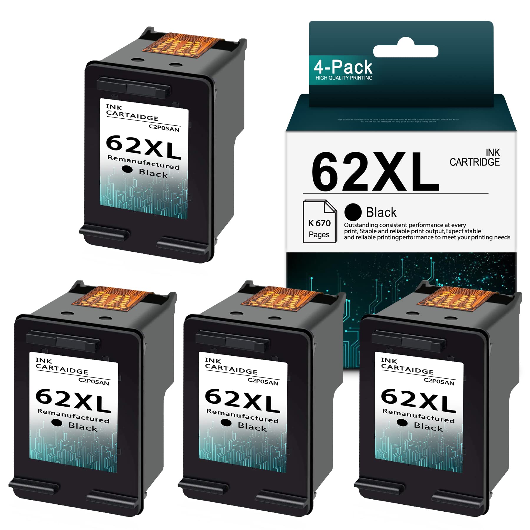 KebenShop Compatible 62XL | C2P05AN Remanufactured Ink Cartridge (4-Pack, Black) - Replacement for HP Envy 5540 5542 5543 5544 5545 5546 5547 5640 5642 5643 Printers - Perfect for Home Office Printing, School Projects & Small Business Documents