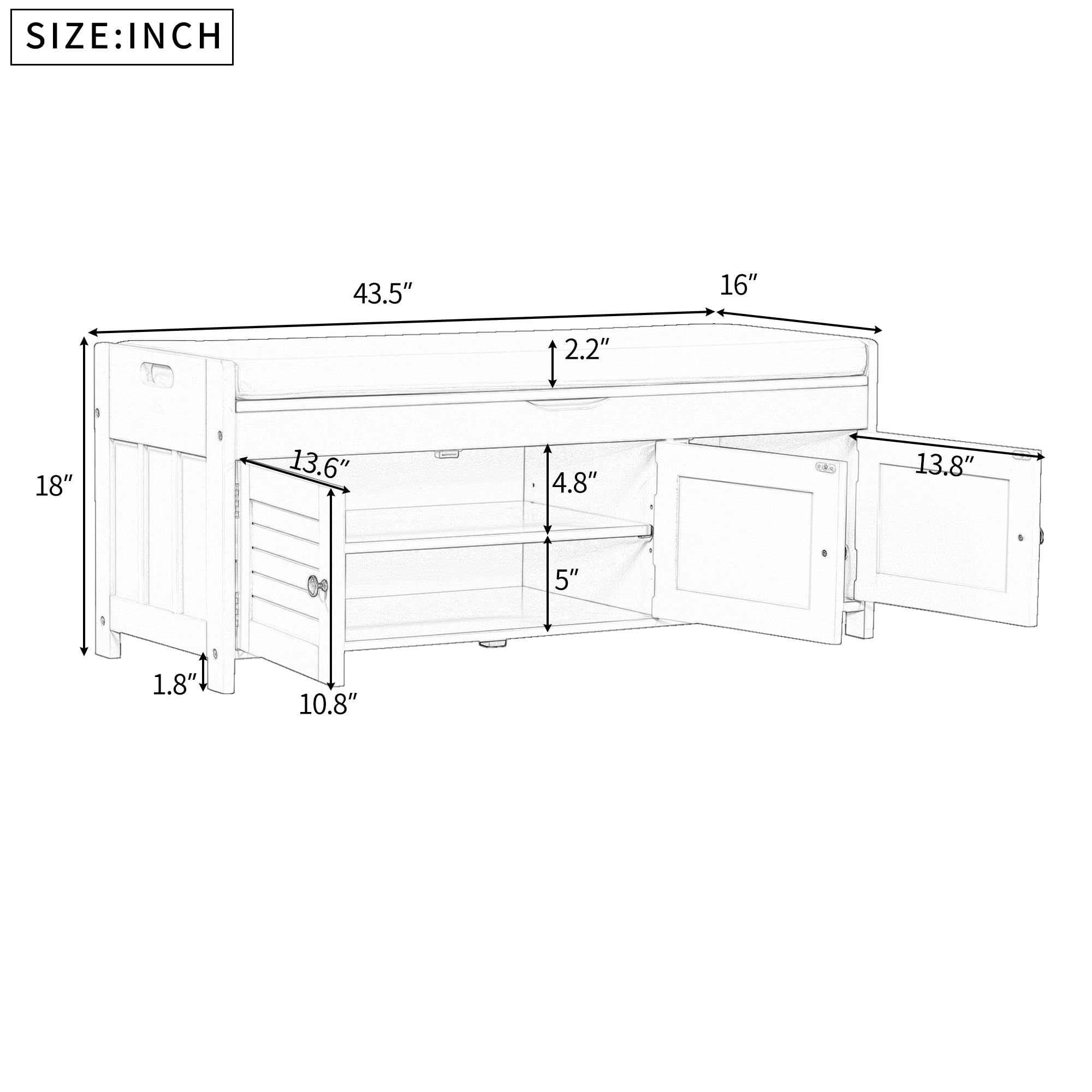 P PURLOVE Wooden Entryway Storage Bench with 3 Shutter Doors - Shoe Bench with 2-Size Storage, Removable Cushion & Hidden Compartment | Perfect for Hallway, Mudroom & Living Room Organization