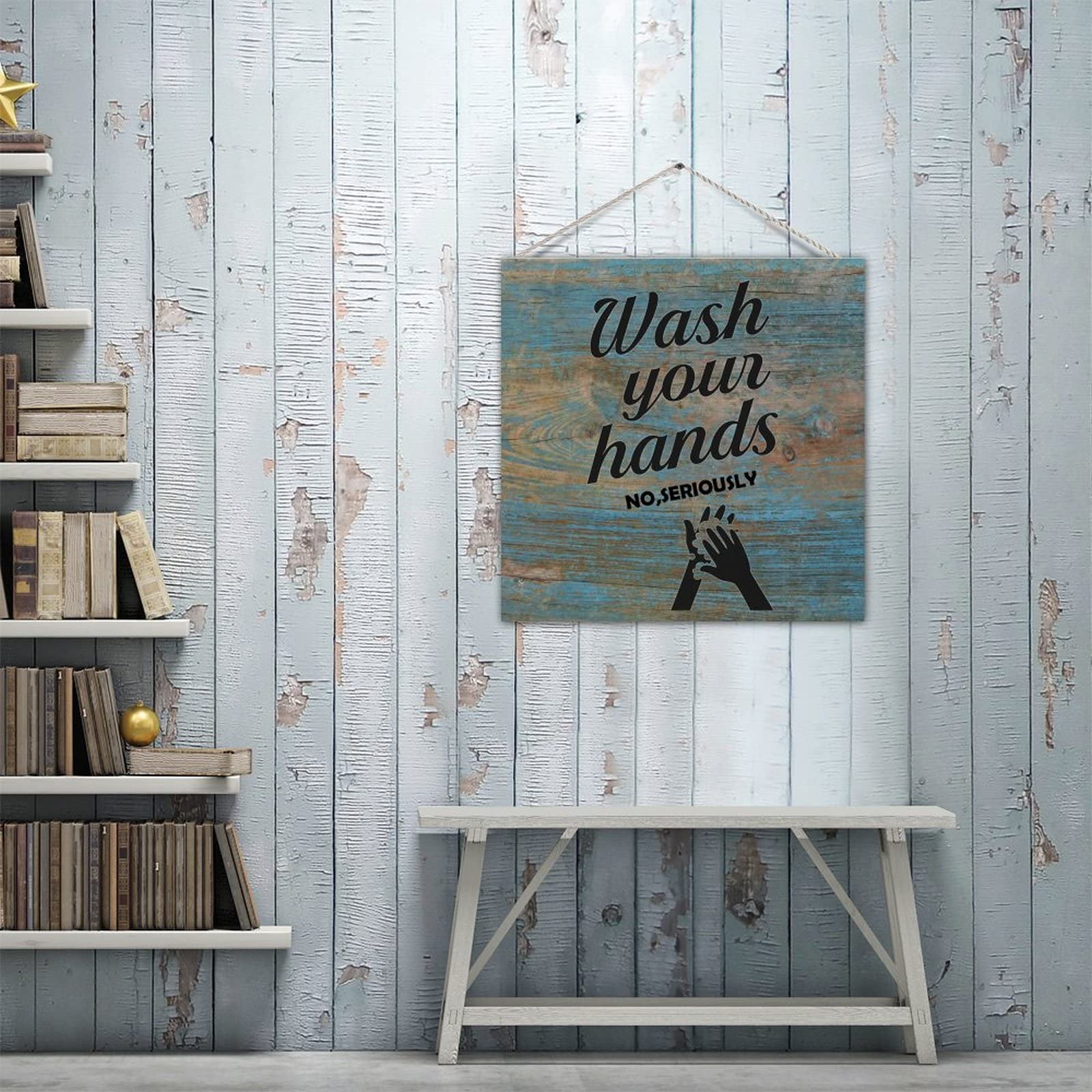 Funny Wash Your Hands Wood Sign - Bathroom Wall Decor for Restroom & Home