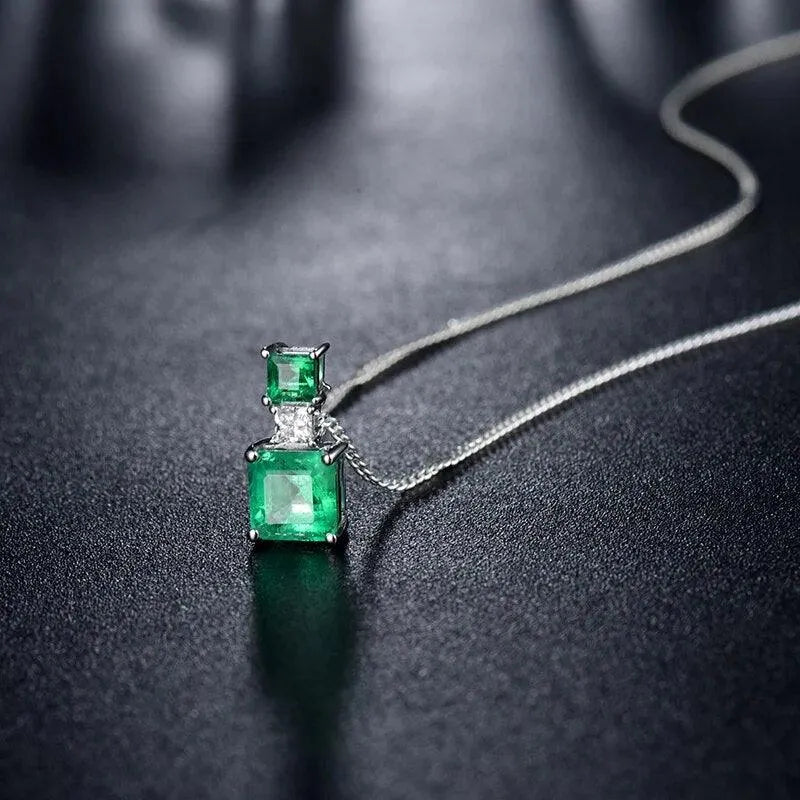 18K White Gold Princess Cut Emerald Pendant with Natural Diamonds - Elegant Women's Jewelry Gift for Anniversary, Birthday & Special Occasions