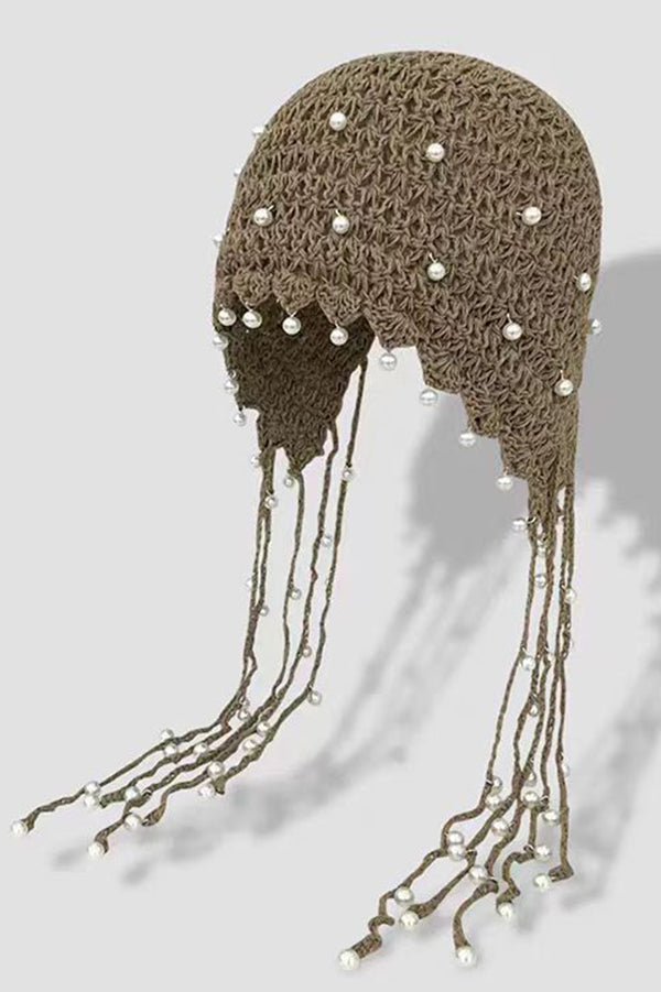 Stylish Solid Pearl Embellished Hollow Knit Winter Hat for Women - Perfect for Cold Weather, Outdoor Activities & Fashion Accessories