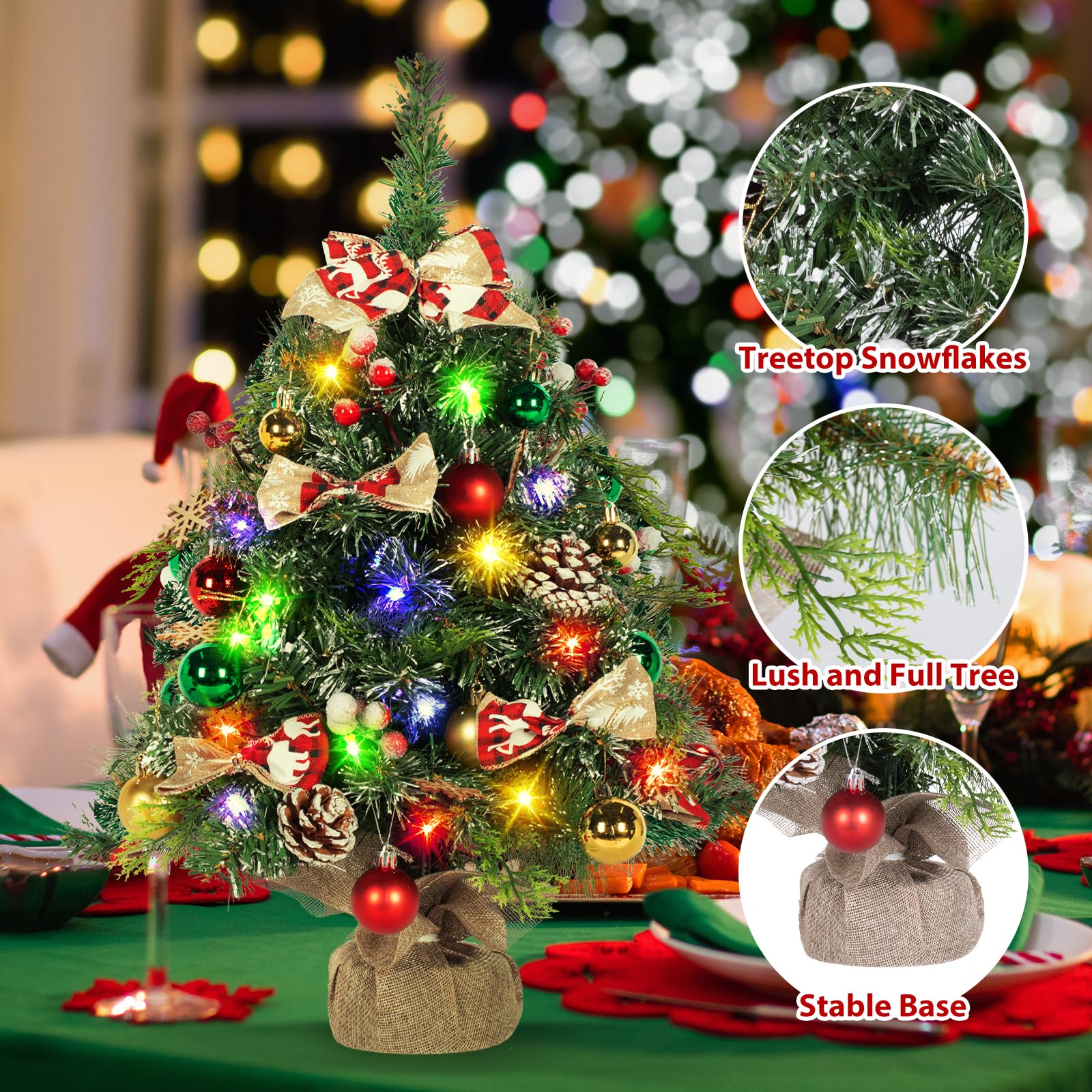 NALONE 24 Inch Mini Christmas Tree with Battery Operated LED Lights & Timer - Snow Dusted Artificial Tabletop Xmas Tree with 36 Ornaments, Pinecones & Red Berries - Perfect for Home, Office, Dorm & Holiday Decorations