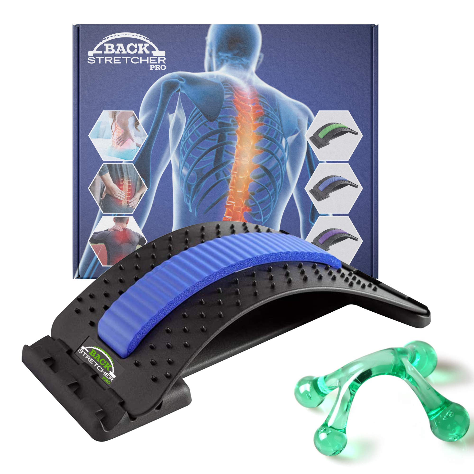 4-Level Adjustable Back Stretcher for Pain Relief - Sciatica, Spinal Curvature & Muscle Tension - Ergonomic Back Massager (Blue) - Perfect for Office, Home & Post-Workout Recovery