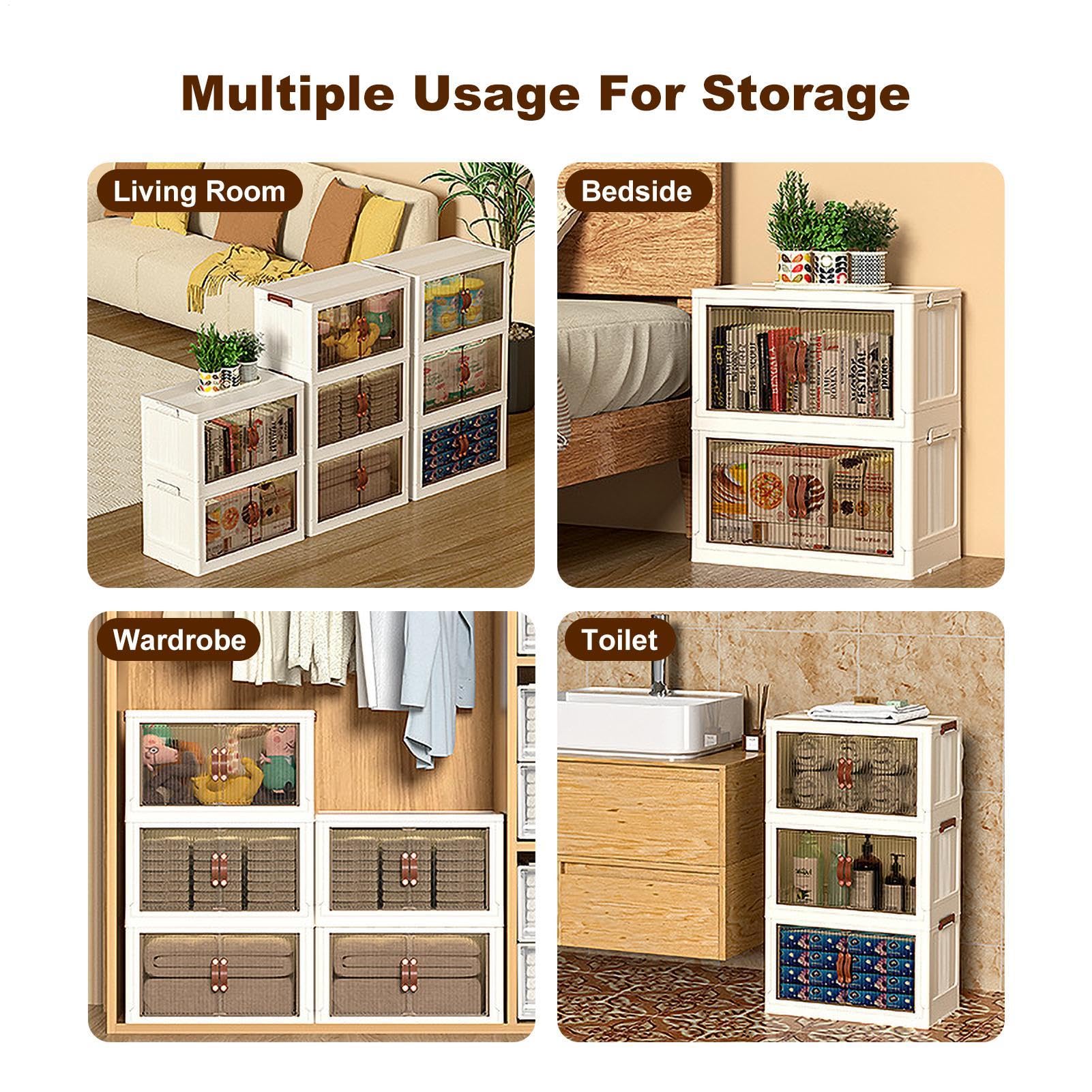 3-Tier Stackable Storage Bins with Lids & Wheels - Foldable Collapsible Storage Containers for Home, Dorm, Hallway | Space-Saving Organization for Clothes, Toys & Supplies