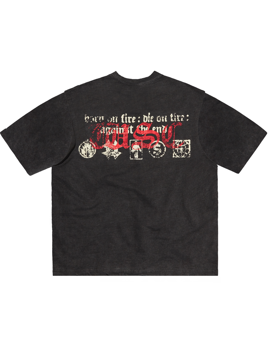 WHEN SMOKE CLEARS Born on Fire Rhinestone T-Shirt - Black/Red Graphic Tee for Women | Edgy Streetwear & Concert Outfit