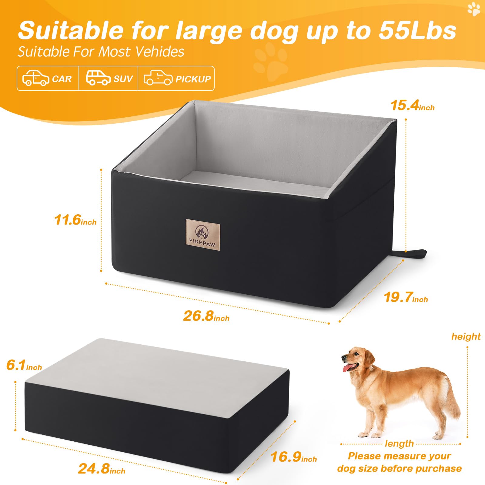 Premium Dog Car Seat for Large Dogs - Elevated Pet Booster Seat for Dogs Under 55Lbs or 2 Small Dogs - Detachable Washable Car Dog Bed with Thick Cushion & Storage Pockets (Black) - Perfect for Road Trips, Vet Visits & Daily Commutes