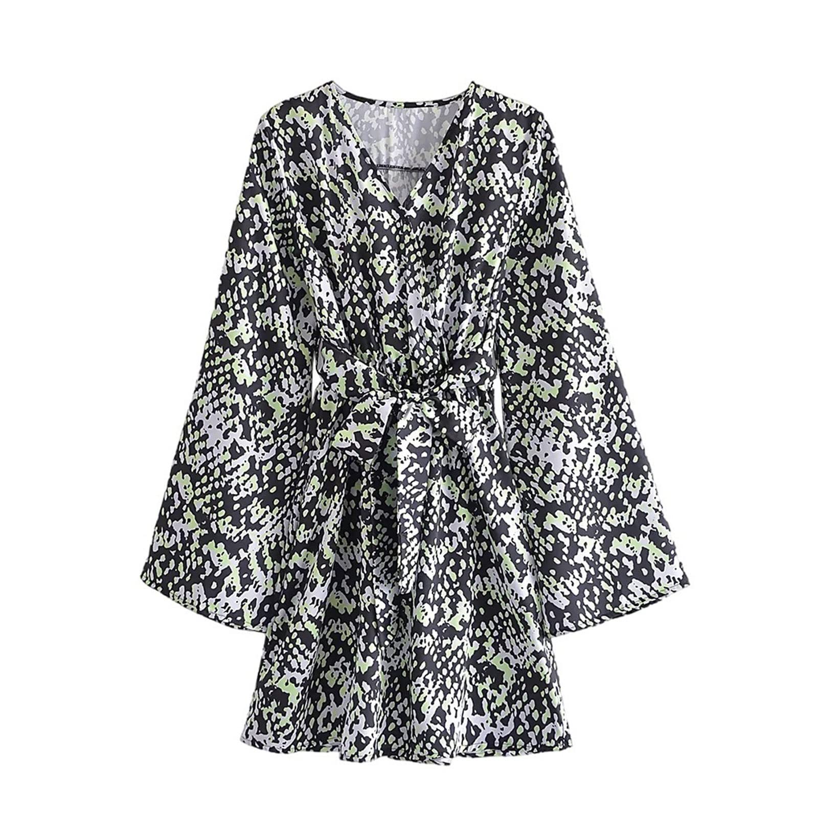 NHBT Women's Vintage Green Leopard Print Mini Dress with Belt - V Neck Long Sleeve Party Dress for Women (Size S) | Perfect for Cocktail Parties, Date Nights & Holiday Events