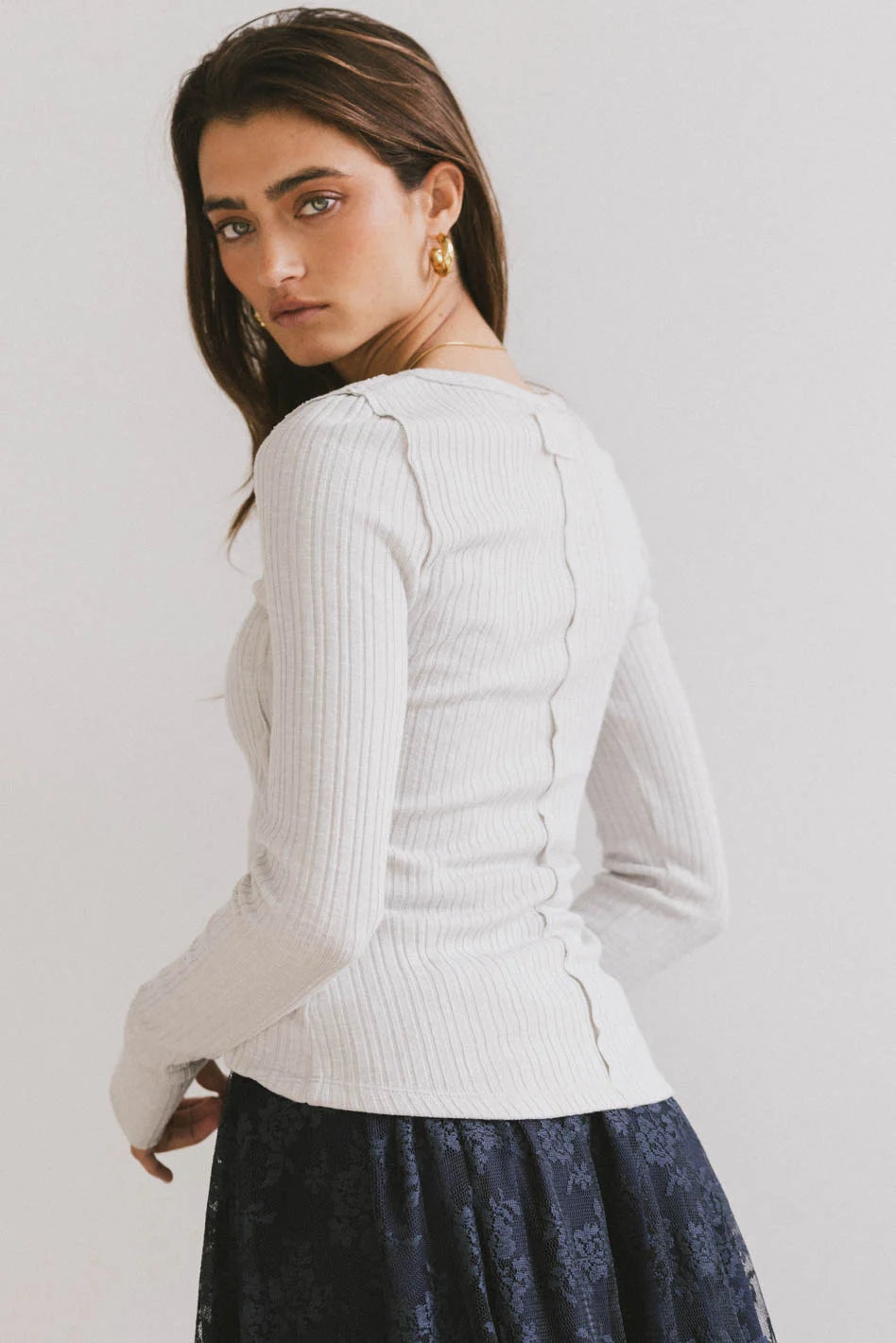 Emmilianne Ribbed Top in Grey - Stylish Women's Knit T-Shirt for Casual Wear, Layering & Everyday Outfits | FINAL SALE