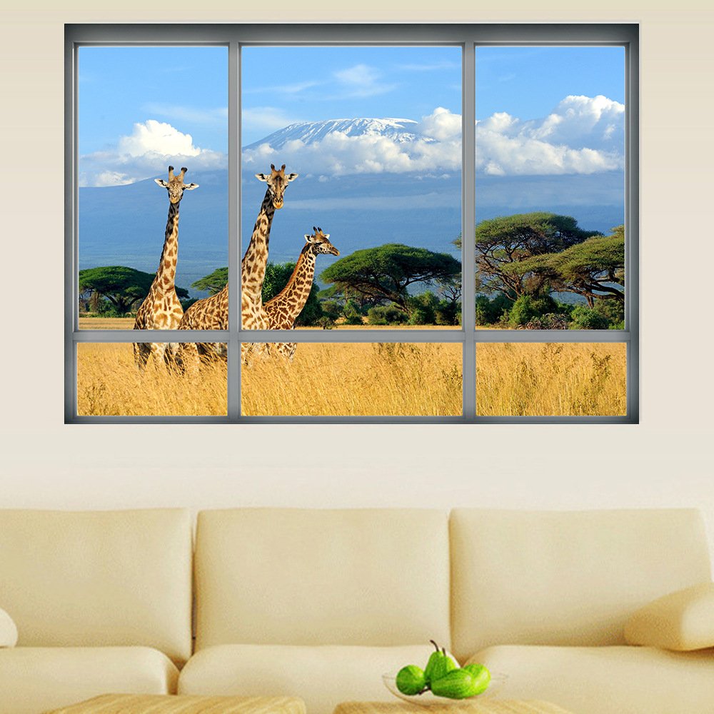 DNVEN 28x20 Inch 3D Fake Window Decal - Realistic Giraffe Animal Wall Sticker for Bedroom, Living Room & Playroom Decor | High Definition Vinyl Mural | Easy Peel & Stick Wall Art for Kids Room & Nursery