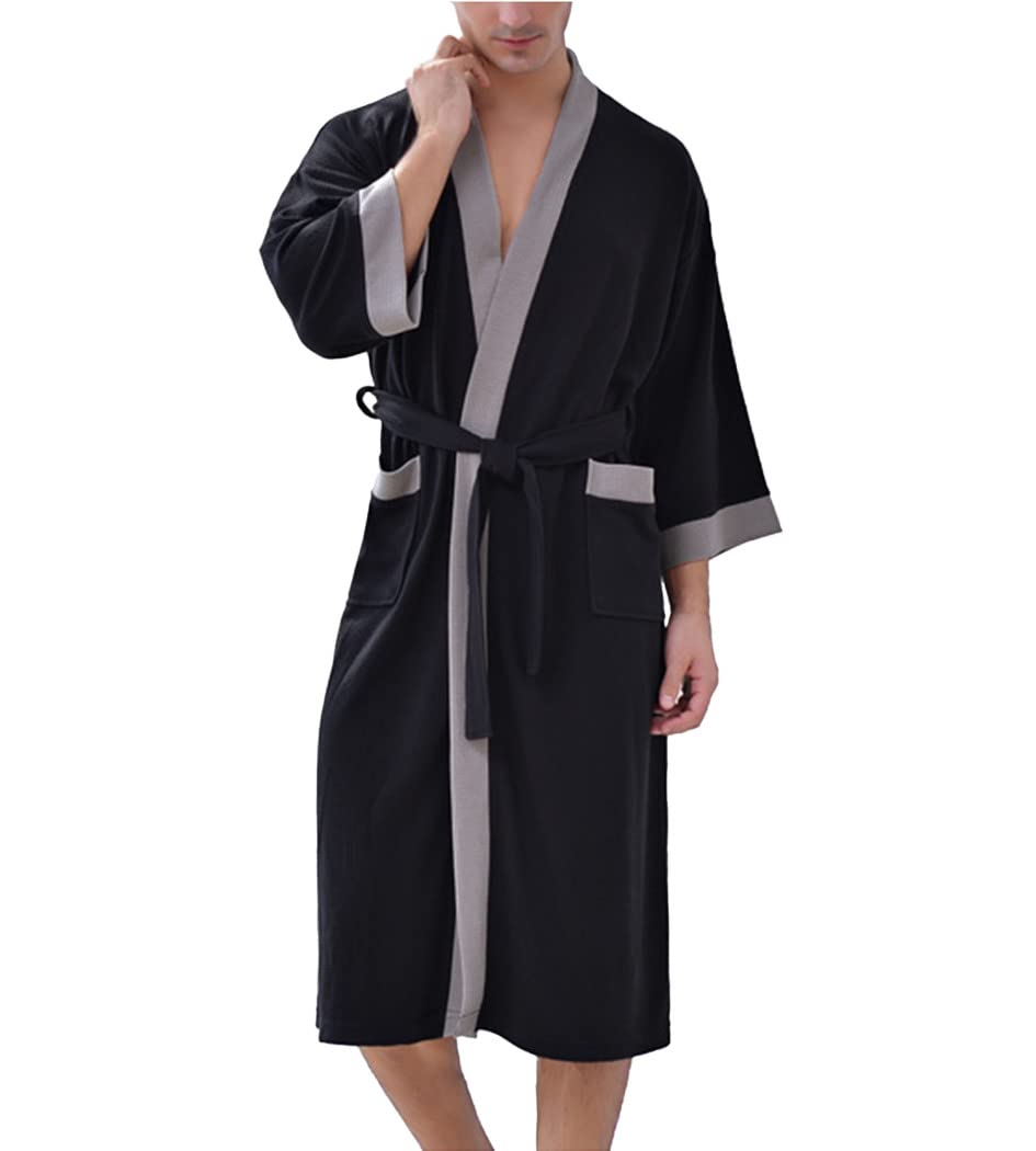 Men's Waffle Bathrobe - Ultra Absorbent Hotel Spa Robe with Shawl Collar, Japanese Style Kimono Nightgown for Home, Lounge & Relaxation