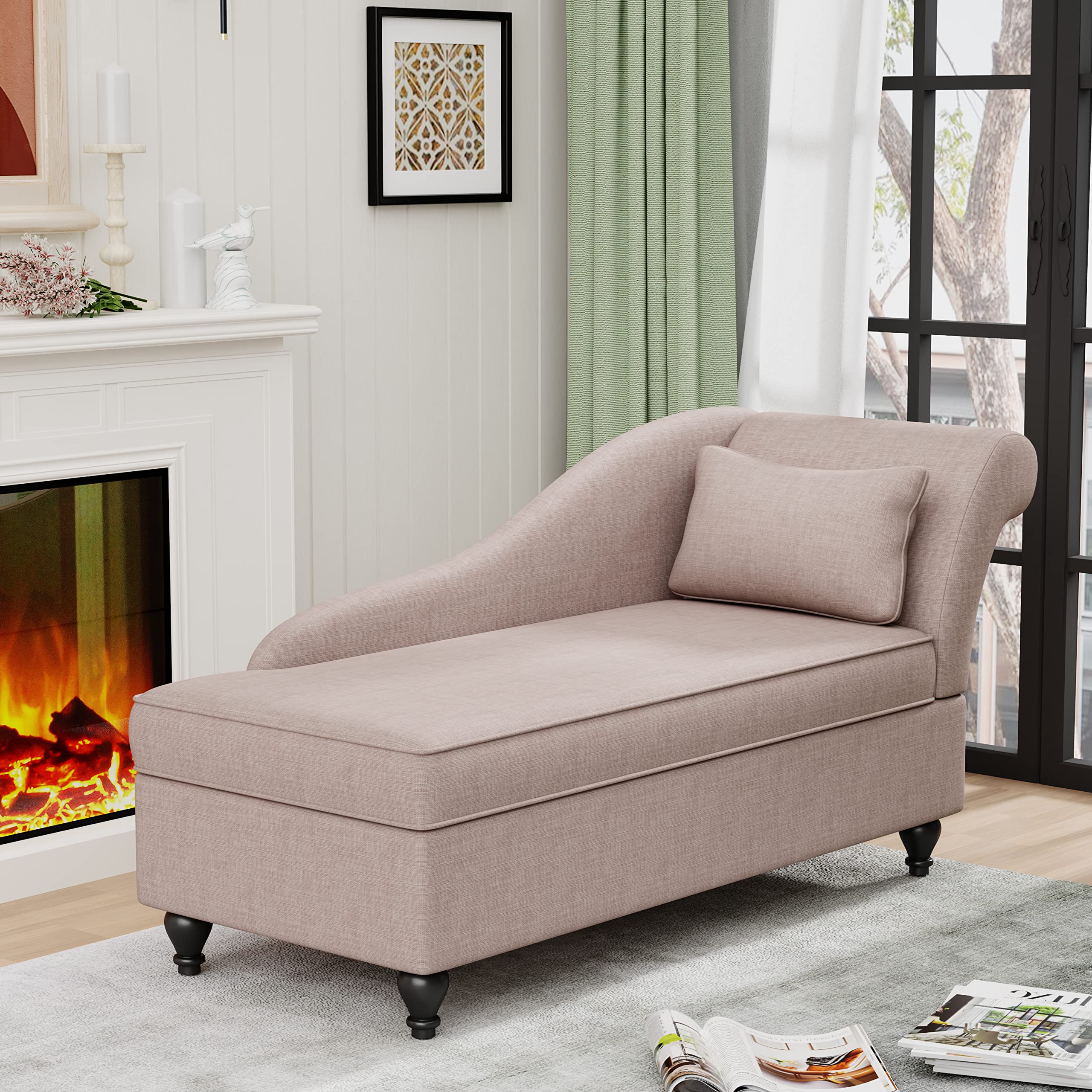 Yongqiang Upholstered Fabric Chaise Lounge Chair with Wood Legs - Right Arm Tan for Living Room, Bedroom & Small Spaces - Perfect for Relaxing, Reading & Napping