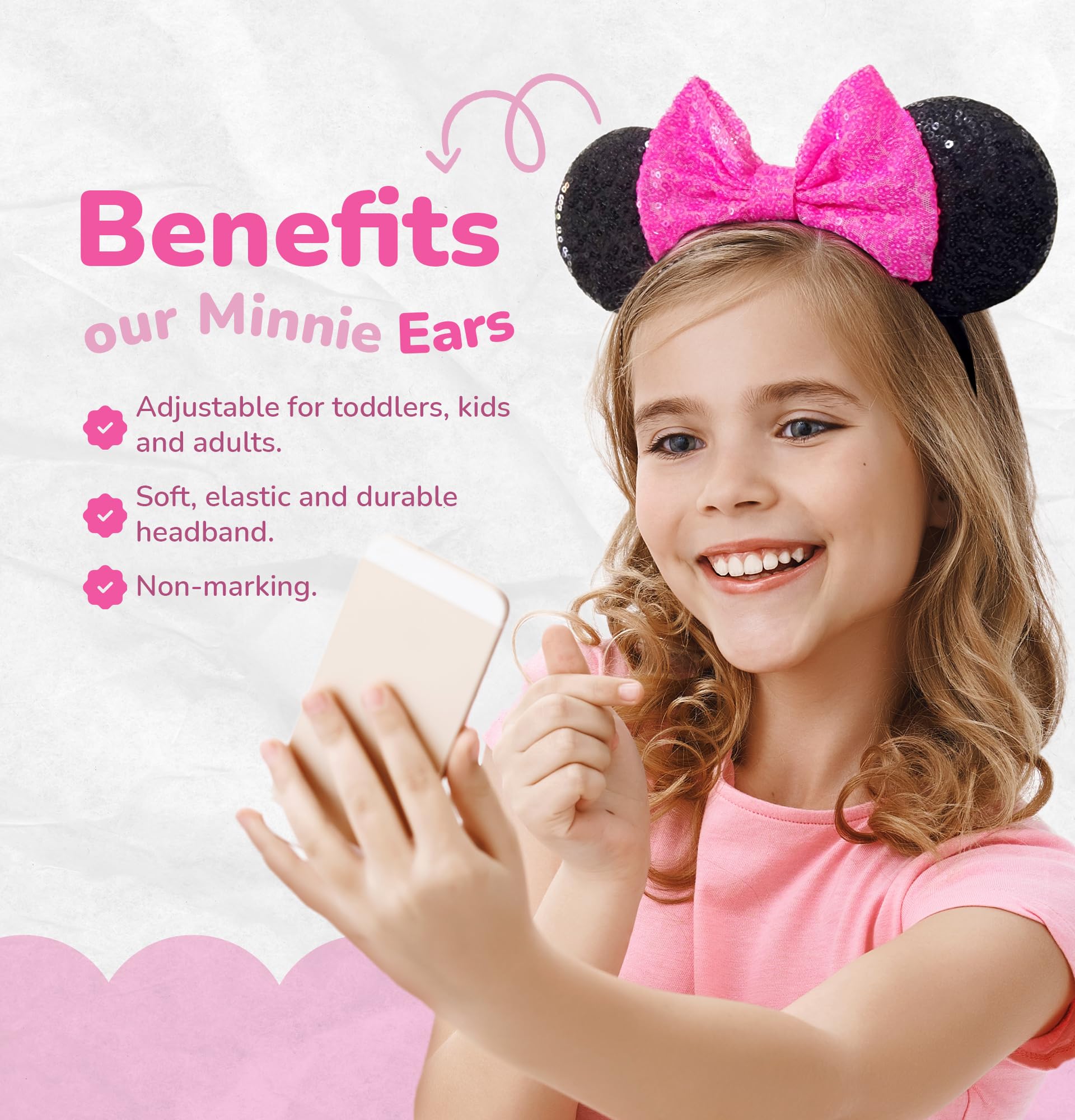 Minnie Ears Headbands with Shiny Sequin Bow (3PCS) - Adjustable Elastic Mouse Ears Headbands for Women & Girls - Glitter Disney Inspired Hair Accessories for Parties, Cosplay & Theme Parks