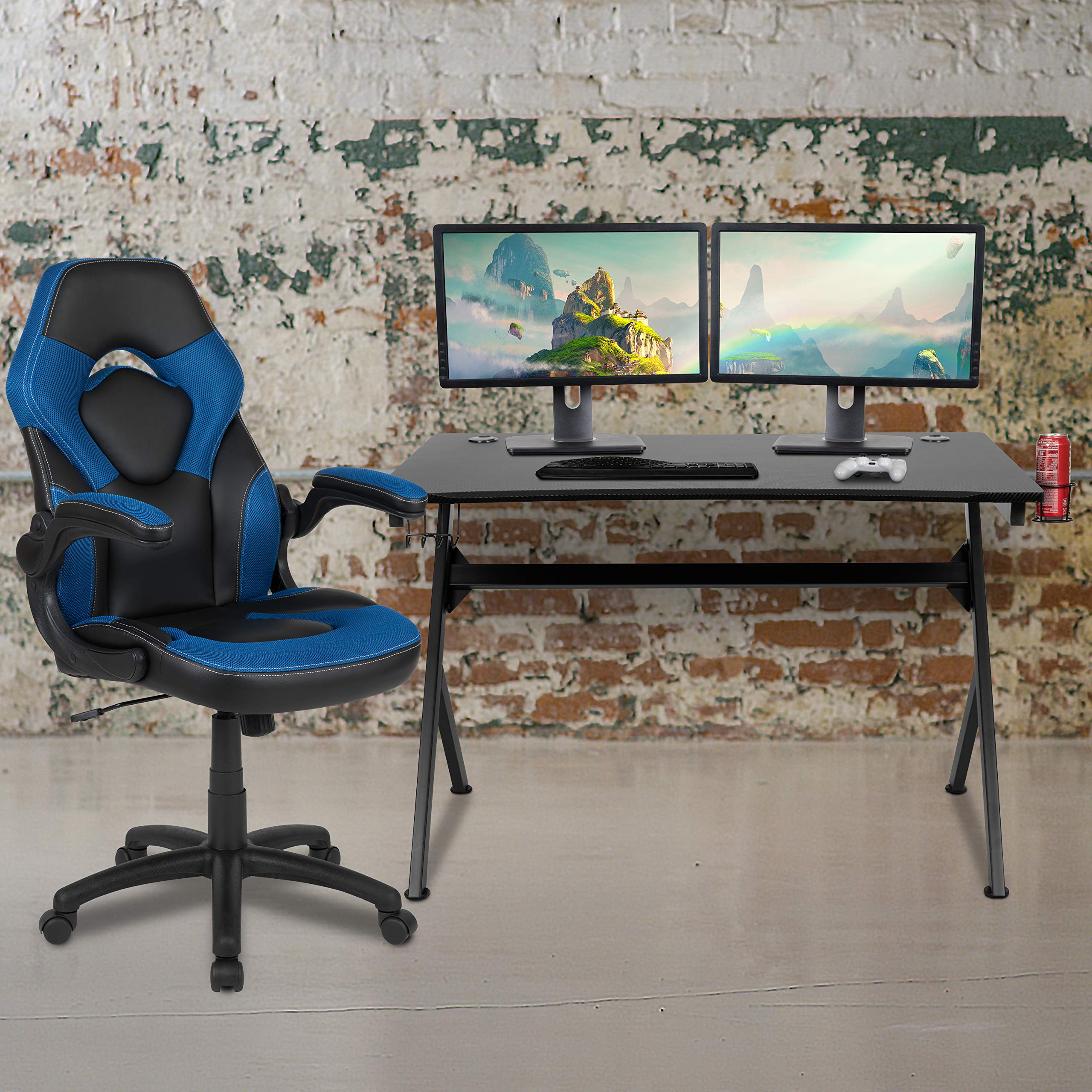 EMMA + OLIVER Black and Blue Gaming Desk Bundle with Cup Holder & Headphone Stand - Cable Management System for PC Setup | Perfect for Gamers, Streamers & Home Office Workstations