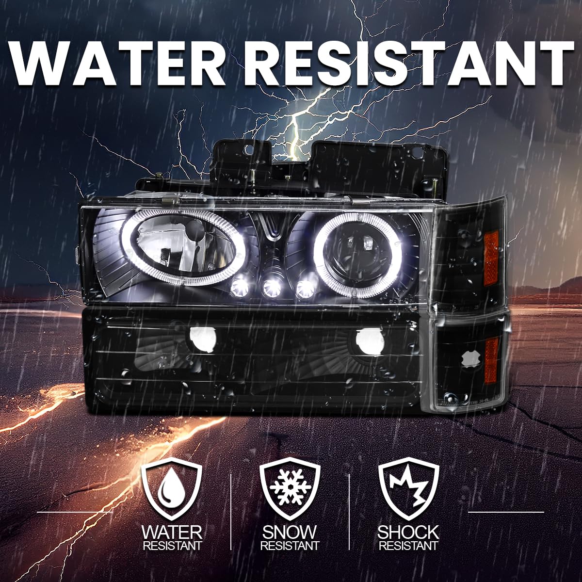 Spec-D Tuning Black LED Halo Projector Headlights with Bumper & Corner Lights - Compatible with 1994-1998 GMC C/K C10, Sierra, Yukon, Suburban - Left & Right Pair Headlamp Assembly - Upgrade Your Truck's Style & Night Visibility for Off-Roading & Urban Driving