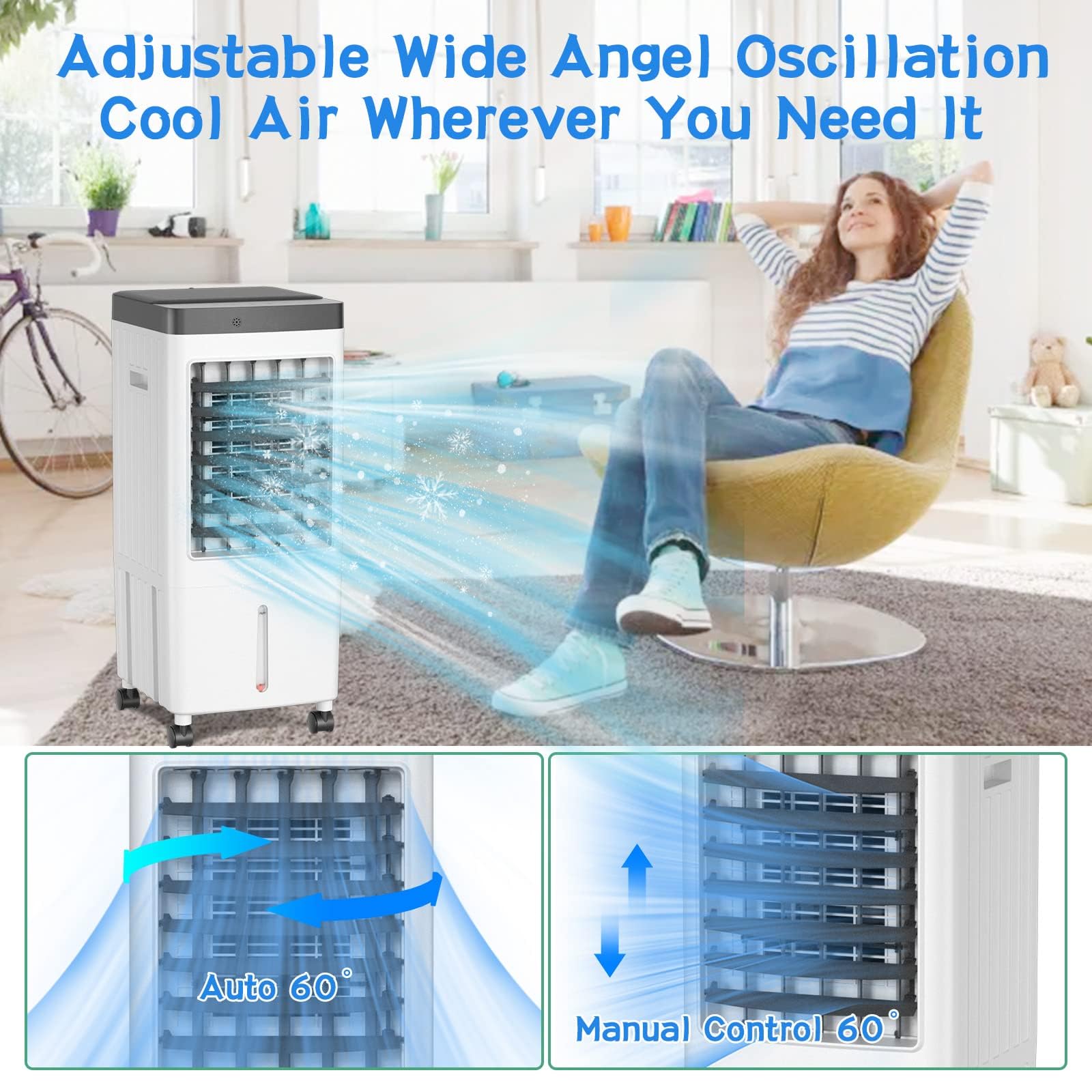 Portable Air Conditioner with 3.2 Gallon Tank - 20H Cooling, 6 Ice Packs, Timer & 3 Speed Settings - 70° Oscillating Swamp Cooler for Bedroom, Kitchen, Garage, Office & Outdoor Use