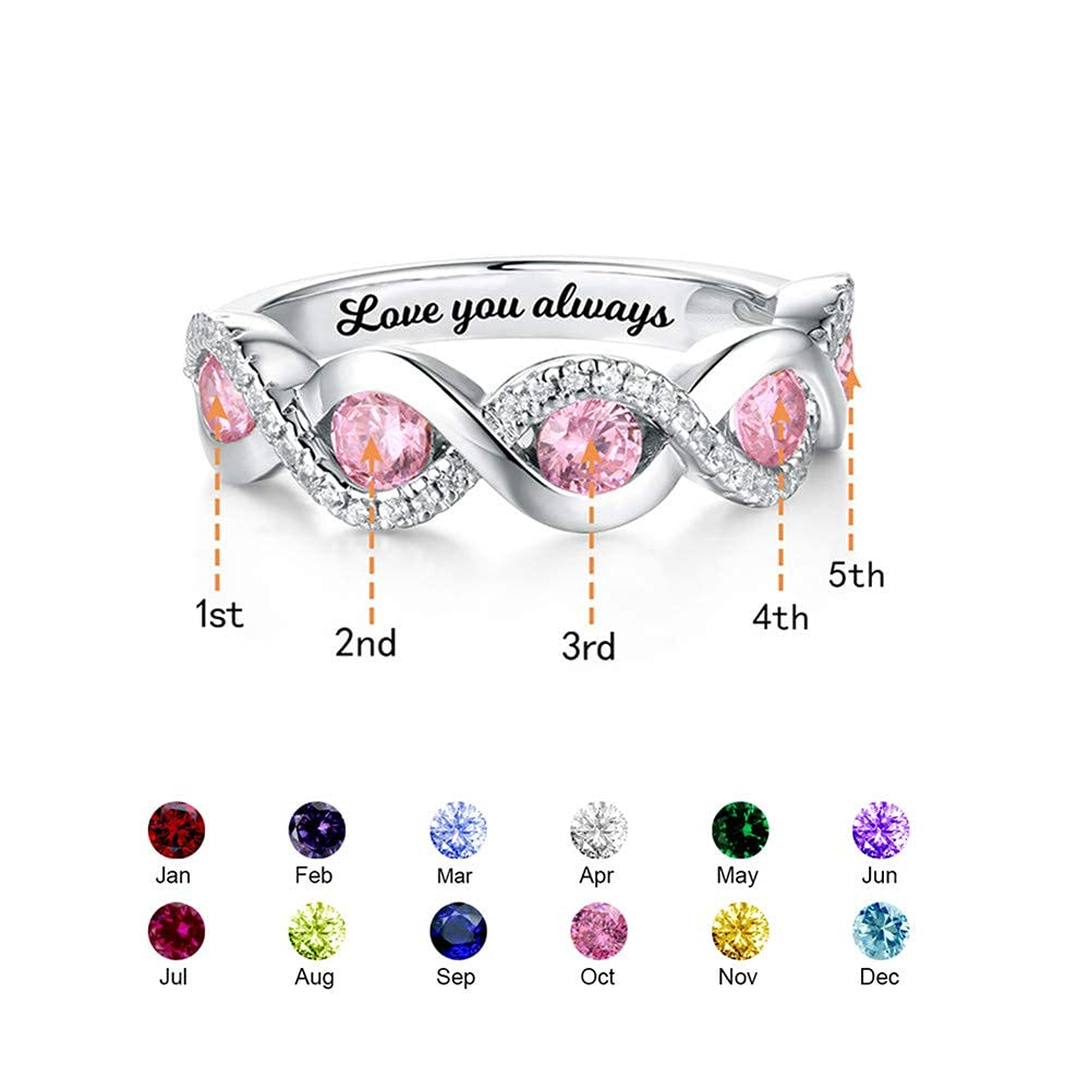 Personalized 5 Birthstone Ring - Custom Engraved Promise Ring, Wedding Band & Engagement Ring for Couples - Mother's Day Gift Jewelry - Perfect for Anniversaries, Valentine's Day & Special Occasions
