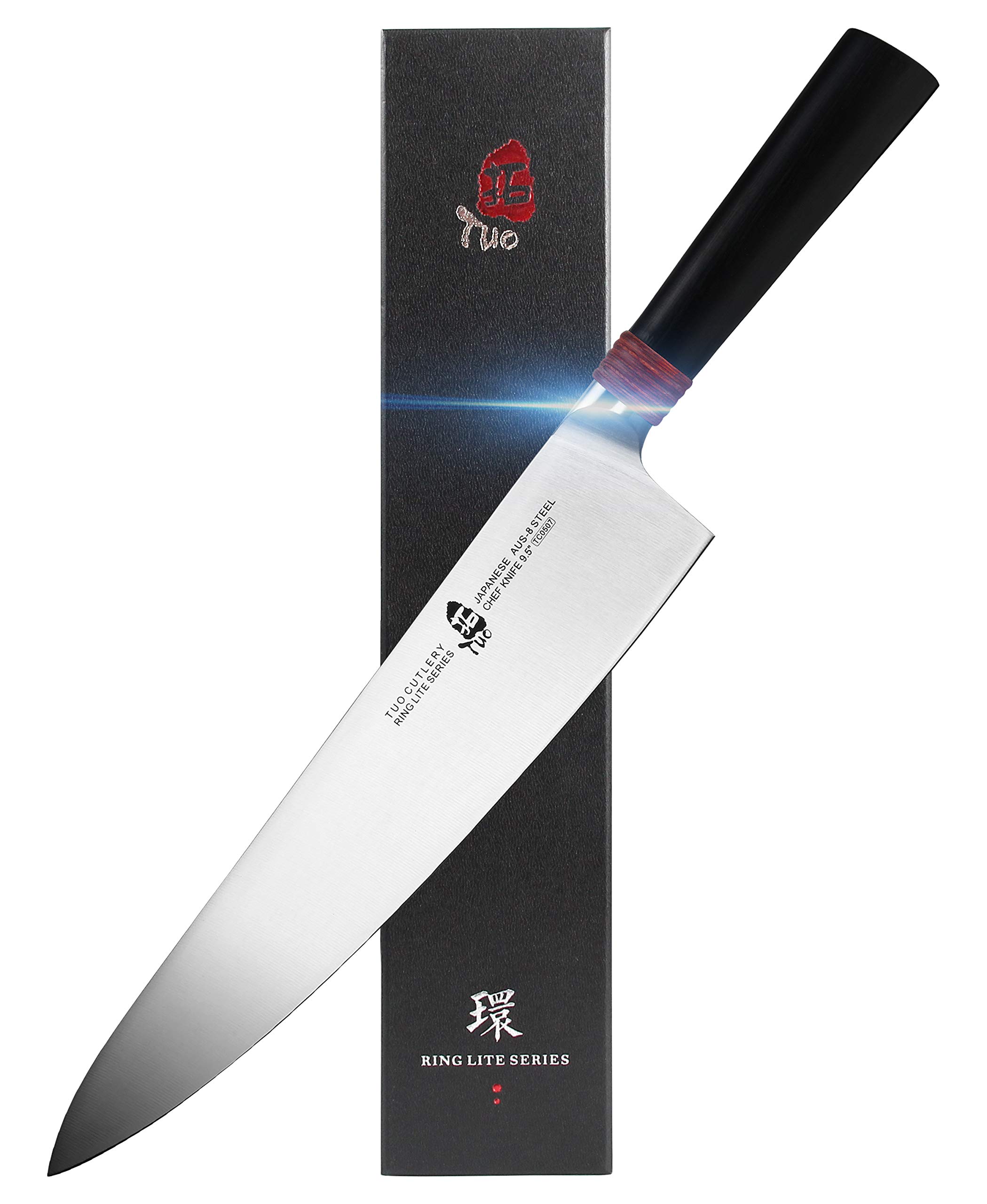 TUO Professional 9.5 Inch Japanese Gyuto Chef Knife - Razor Sharp AUS-8 Stainless Steel Kitchen Knife for Slicing, Dicing Vegetables, Fruits & Meat - Ergonomic Handle with Gift Box (Ring Lite Series) - Perfect for Home Chefs, Professional Kitchens & Cooking Enthusiasts