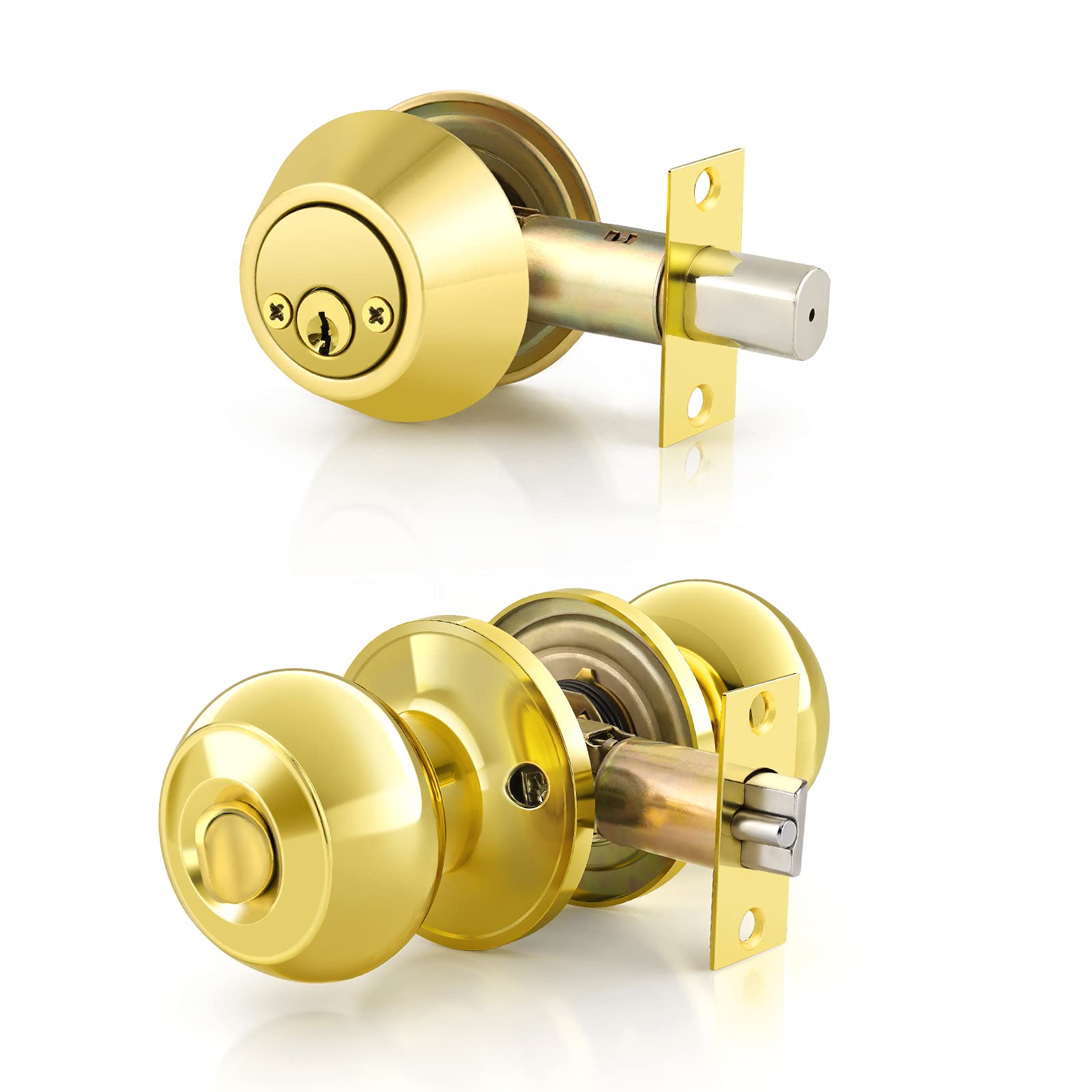 (6 Pack) Keyed Alike Entry Door Knobs with Double Cylinder Deadbolt Lock Combo Set - Polished Brass Finish for Front Door, Entrance & Home Security - Perfect for Apartments, Offices & Rental Properties