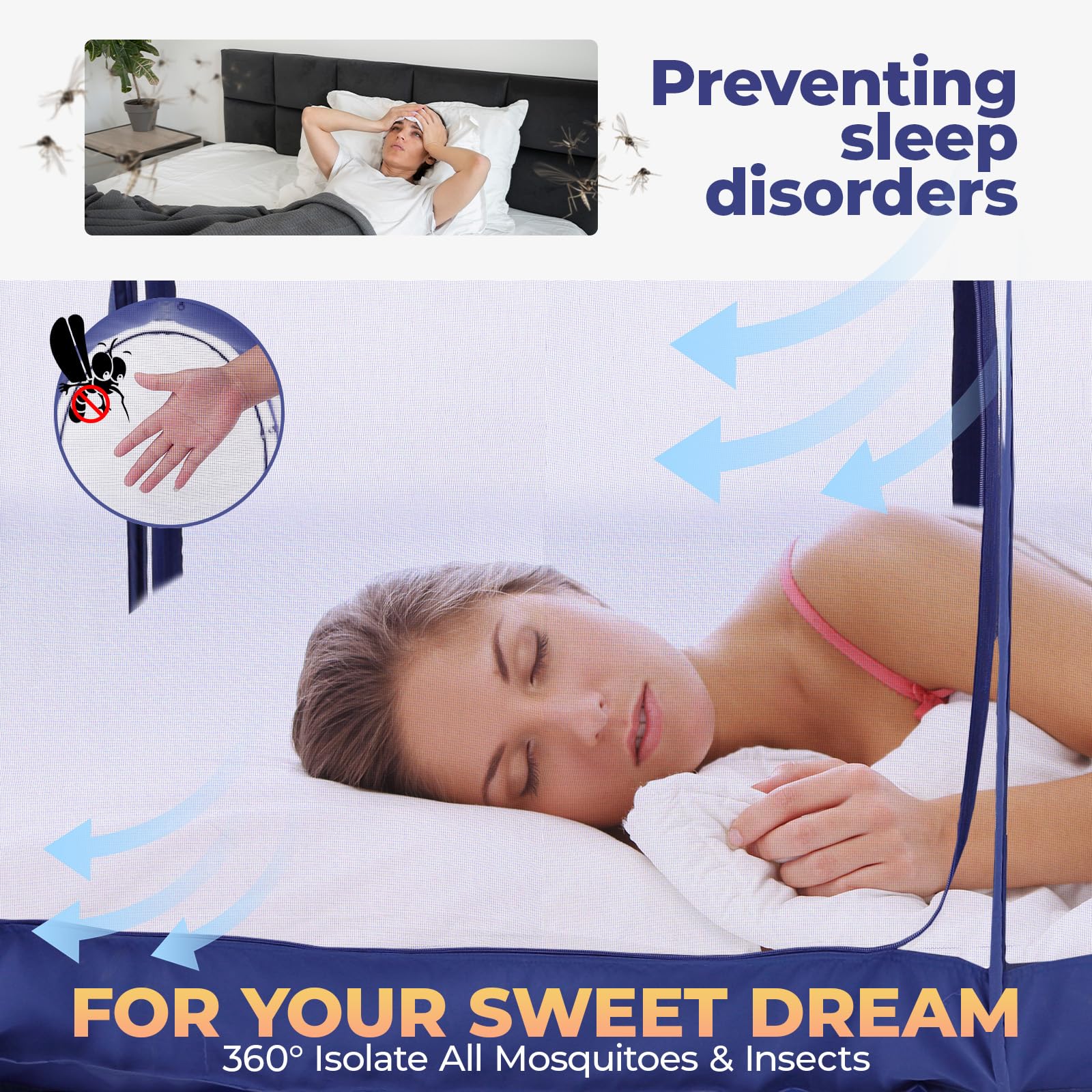 Alvantor Full Size Mosquito Net Bed Canopy - Breathable Pop Up Bed Tent for Indoor Use, Portable Privacy Sleeping Space with Frame, Navy Blue (Mattress Not Included) - Perfect for Camping, Travel, Dorm Rooms & Home Privacy Protection