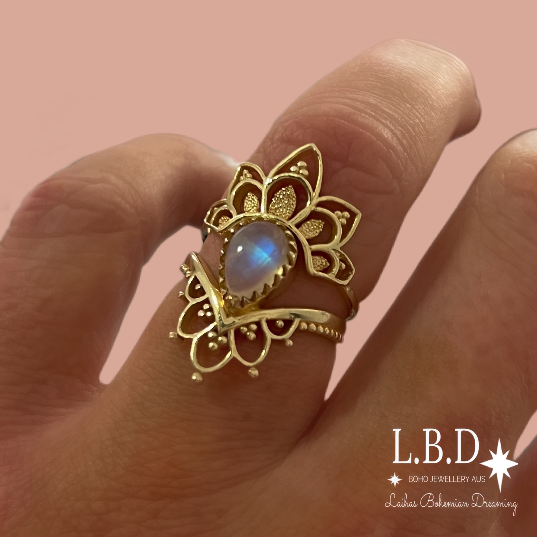 14K Gold Moonstone Ring Set - Gold Vermeil Daisy Boho Moonstone Rings for Women - Perfect for Boho Chic, Wedding, and Everyday Wear