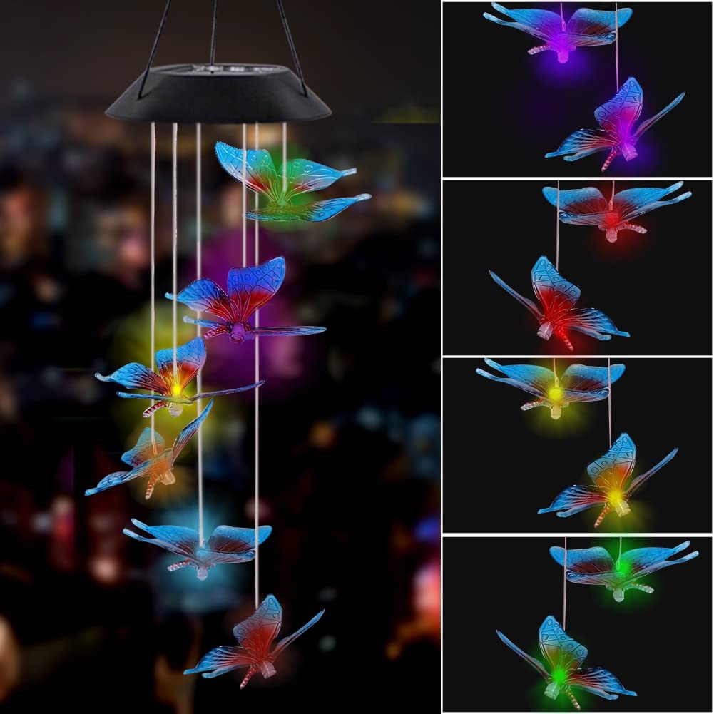 MorTime LED Solar Wind Chime - Color Changing Outdoor Hanging Decor for Garden, Patio & Yard | Automatic Blue Red Butterfly Lights | Solar Powered Weatherproof Wind Chime for Relaxing Ambience & Nighttime Illumination
