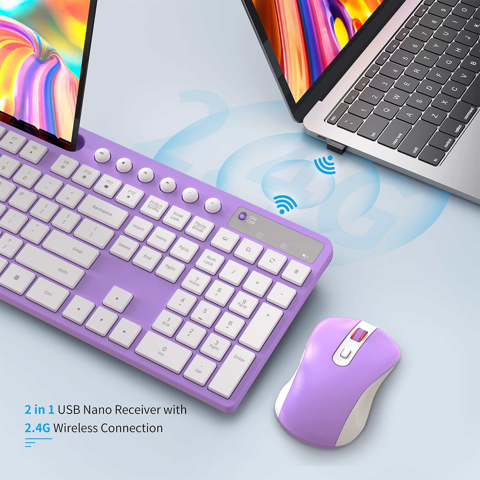 MARVO 2.4G Wireless Keyboard and Mouse Combo - Ergonomic Design with Silent 6-Button Mouse & Phone/Tablet Holder - Compatible with MacBook & Windows (Purple) - Perfect for Home Office, Gaming & Remote Work