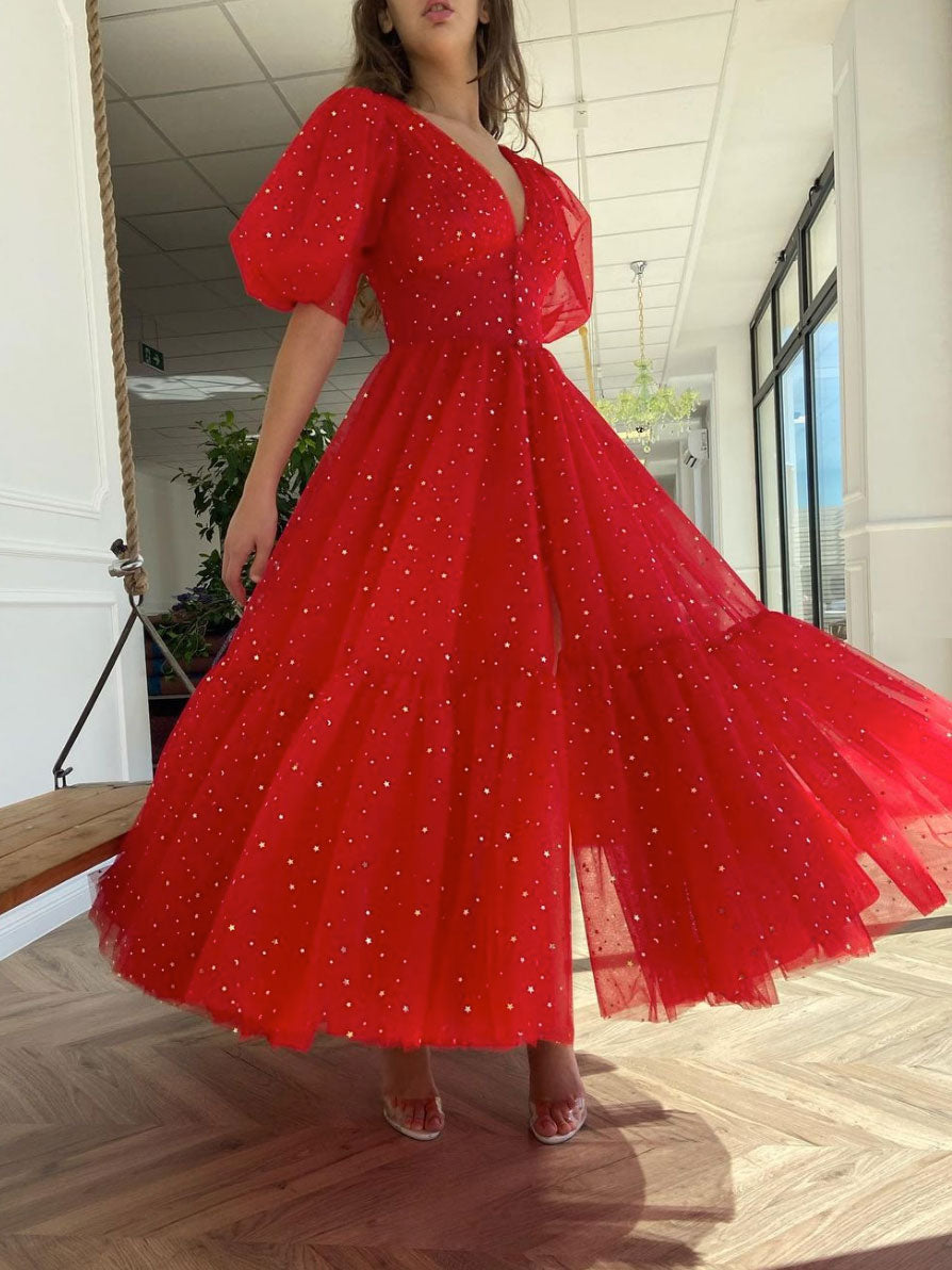 Elegant Red V-Neck Tulle Tea-Length Prom Dress for Women | Formal Evening Gown for Homecoming, Wedding Guest & Special Occasions